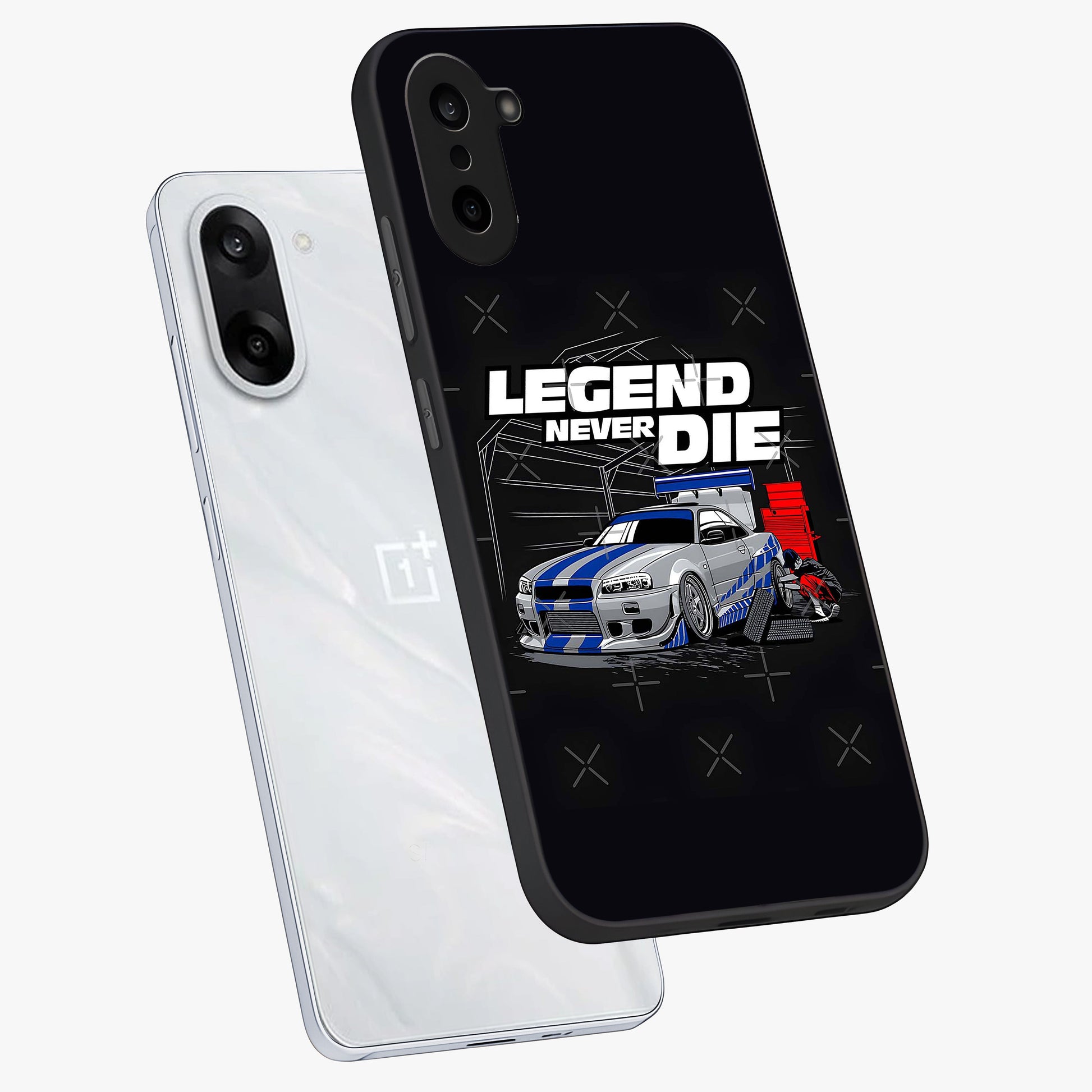 Midnight Racing Legacy Glass Case for 1+Nord CE 5 angled mockup showcasing glossy glass finish and dynamic motion detailing