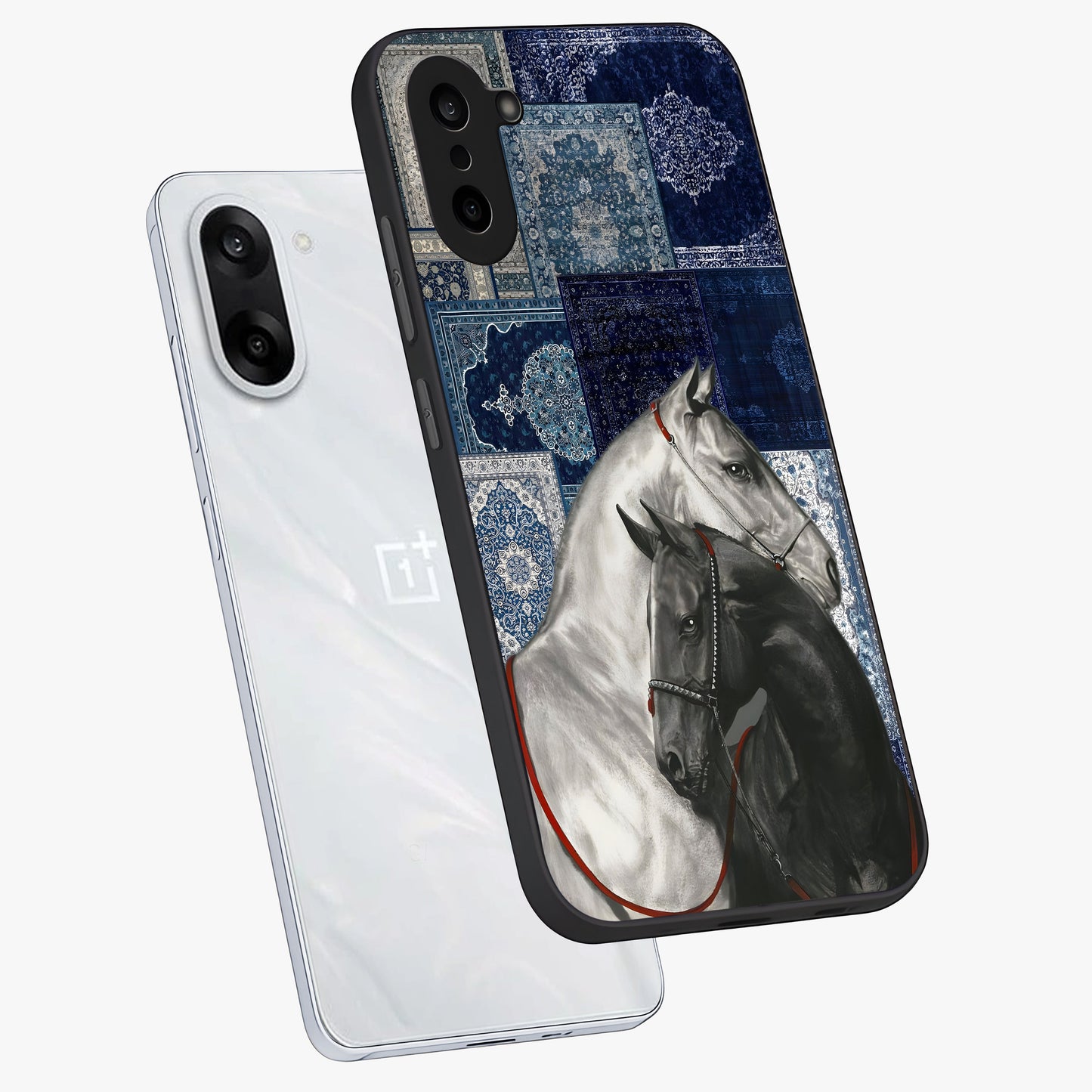 Midnight Stallion Blues Glass Case for 1+Nord Ce 5 angled mockup showcasing glossy finish and dramatic equestrian detailing