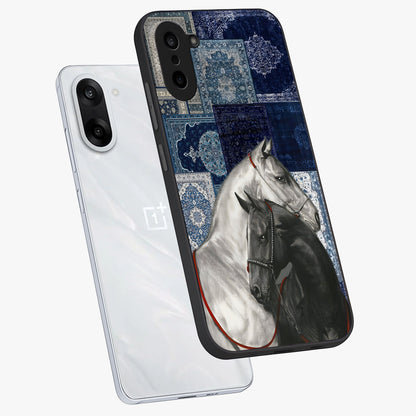 Midnight Stallion Blues Glass Case for 1+Nord Ce 5 angled mockup showcasing glossy finish and dramatic equestrian detailing