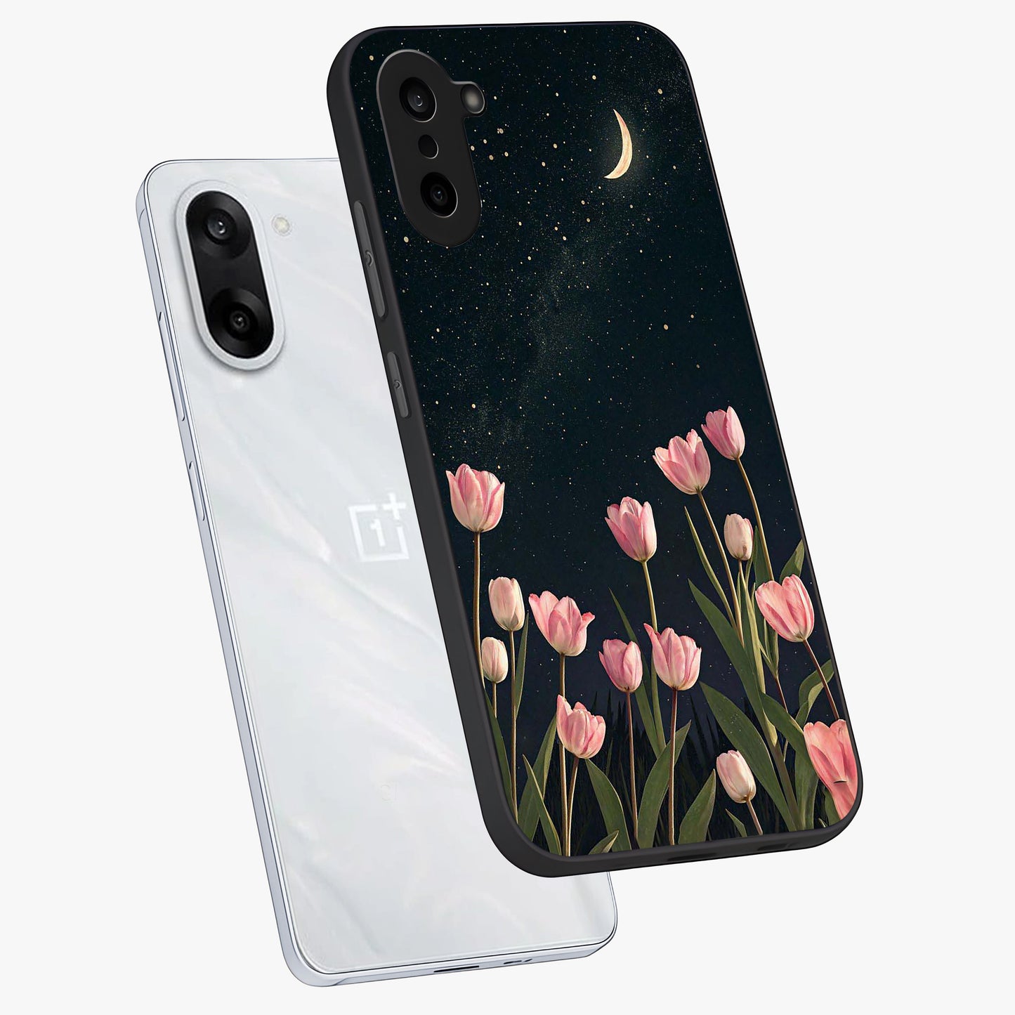Midnight Tulip Whispers Vibe Glass Case for 1+Nord CE 5 angled mockup showcasing glossy finish and subtle bloom detailing