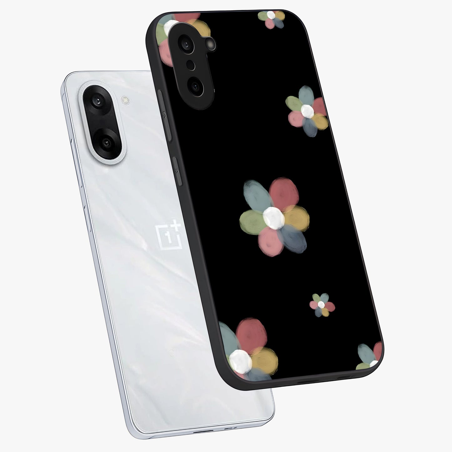 Minimal Floral Charm Glass Case for 1+Nord CE 5 angled mockup showcasing glossy finish and soft pastel tones