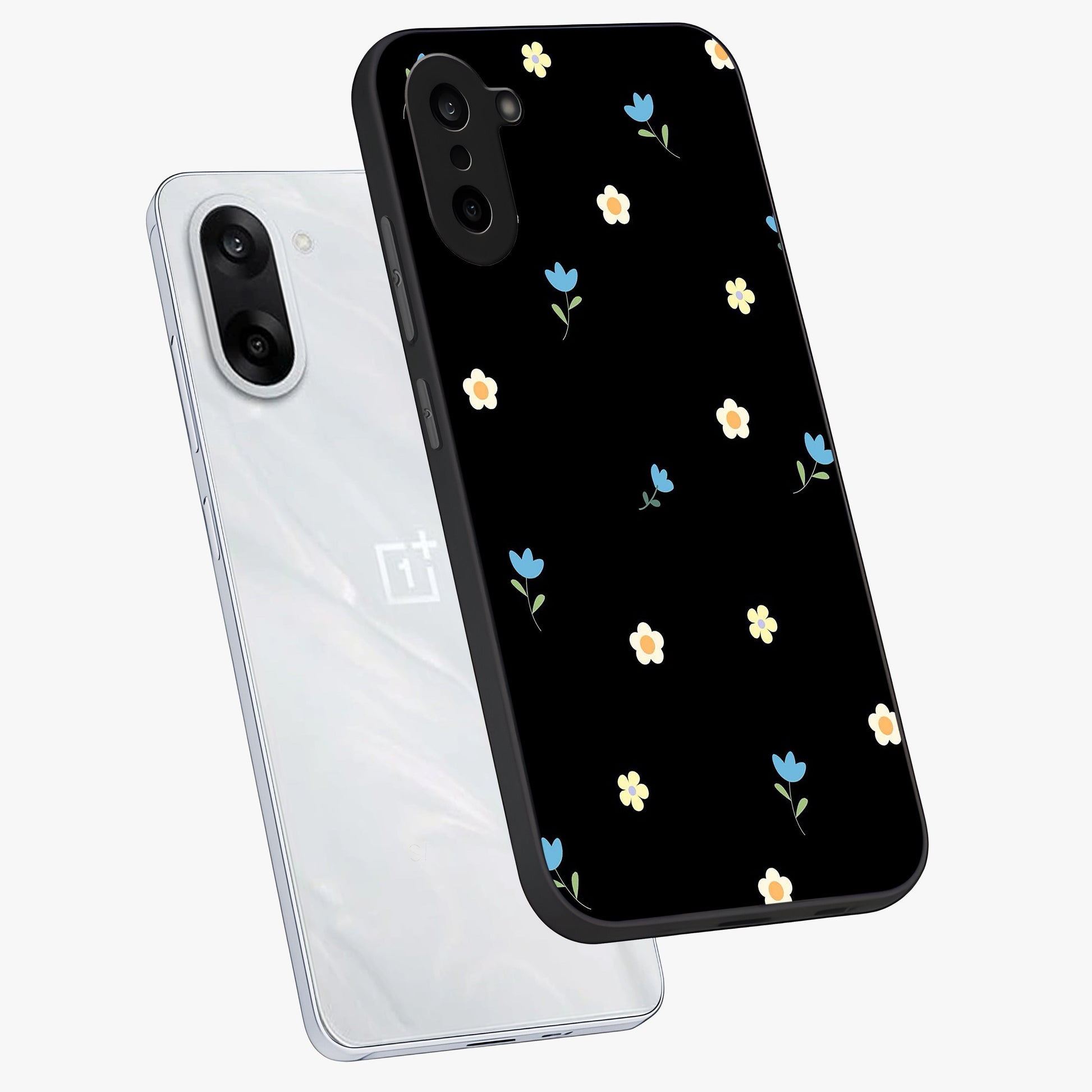 Minimalistic Blue With White Flower Pattern Glass Case for 1+Nord Ce 5 angled mockup showcasing glossy finish and crisp clean detailing