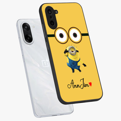 Minion Custom Name Glass Case for 1+Nord CE 5 angled mockup showcasing glossy finish and vibrant character detailing