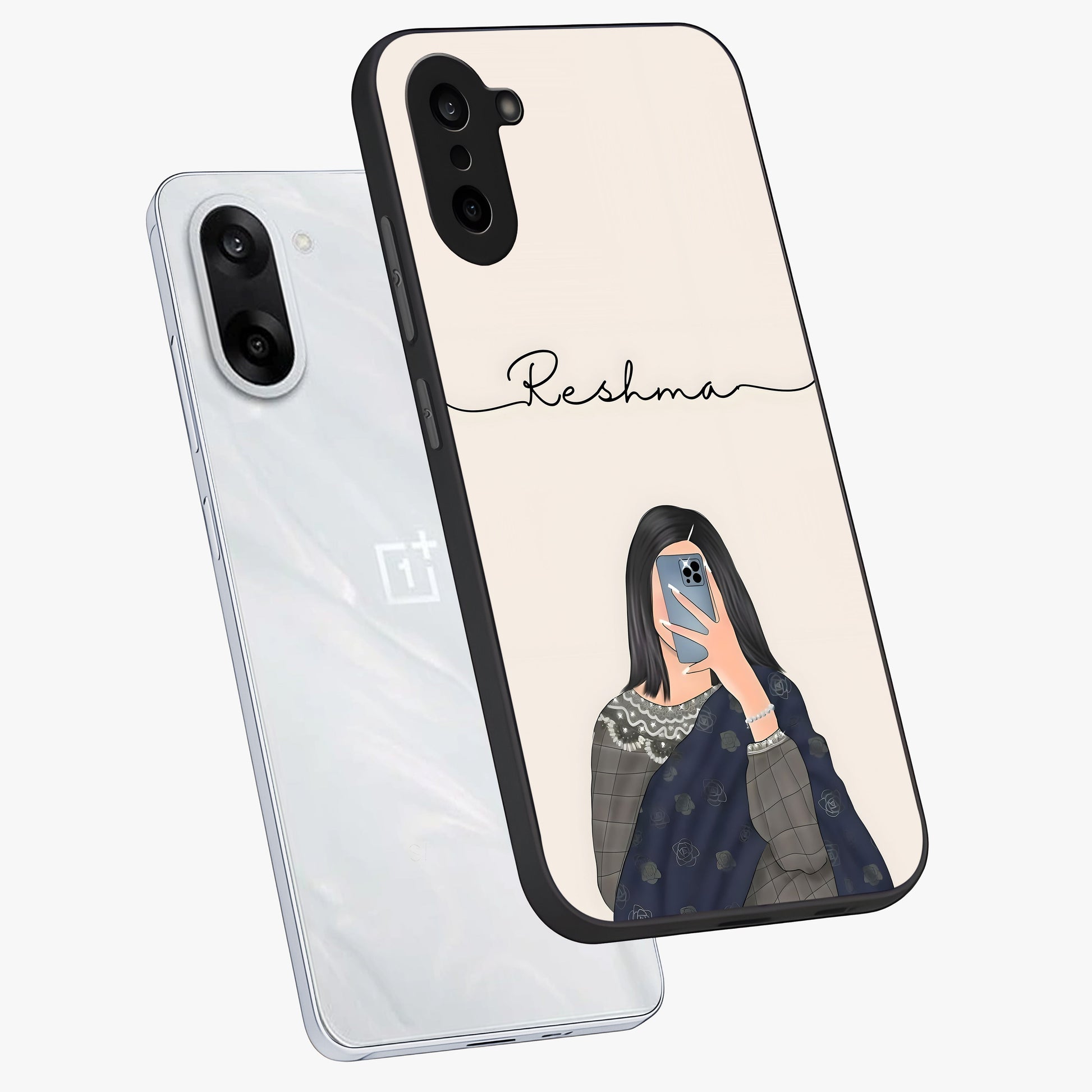 Mirror Mood Muse With Custom Name Glass Case for 1+Nord Ce 5 angled mockup showcasing glossy finish and modern design tones