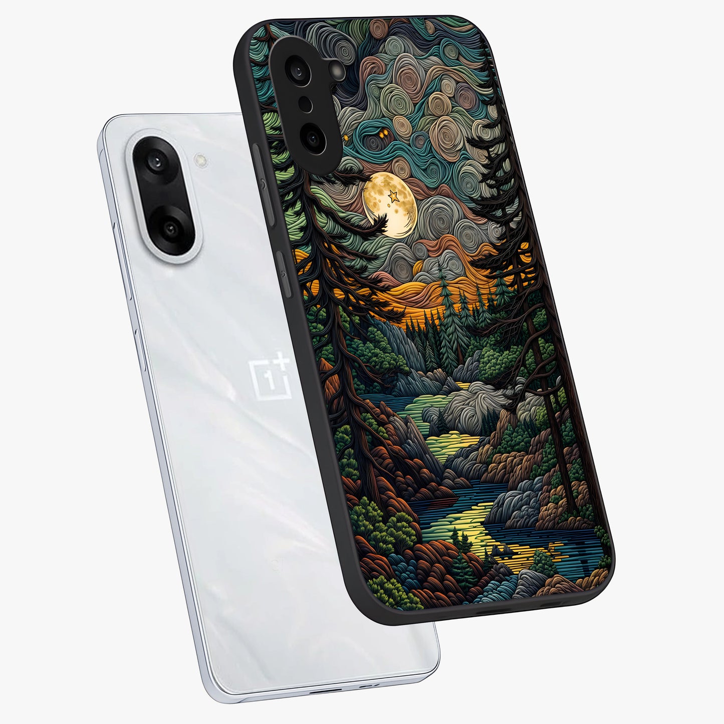 Moonlight Forest Dream Glass Case for 1+Nord CE 5 angled mockup showcasing glossy finish and deep night gradients