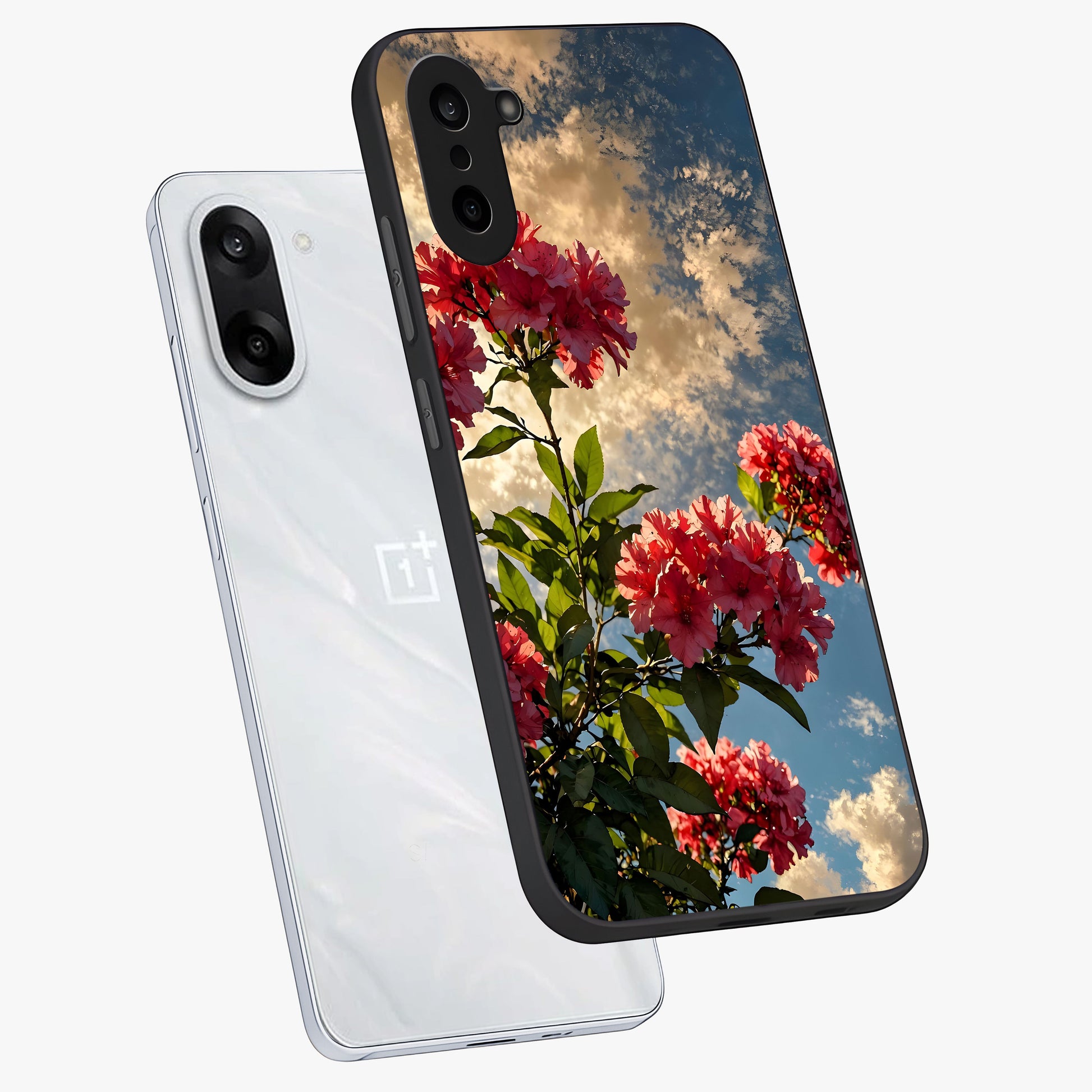 Moonlit Blossom Charm Glass Case for 1+Nord CE 5 angled mockup showcasing glossy glass finish and delicate bloom detailing
