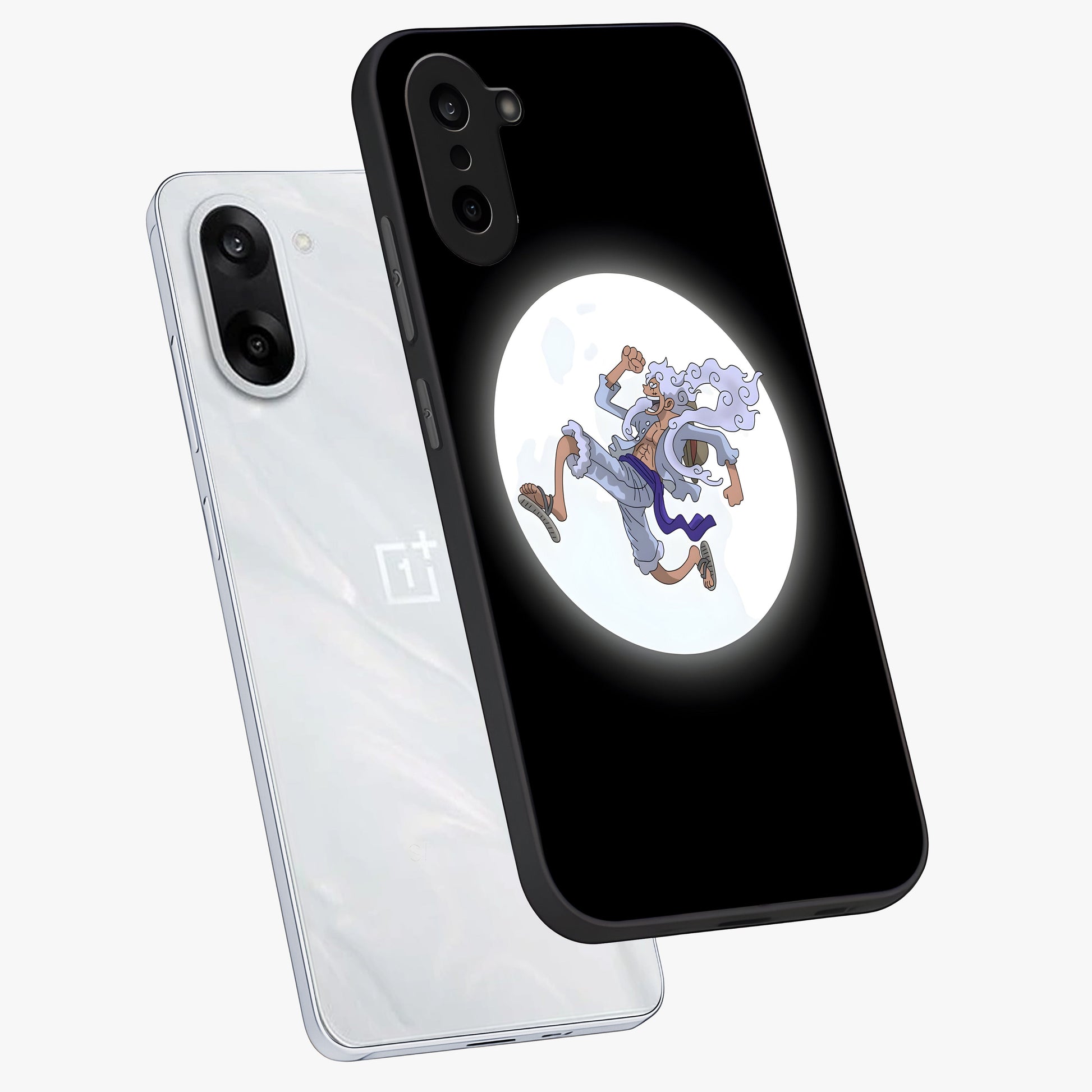 Moonlit Freedom Dance Glass Case for 1+Nord CE 5 angled mockup showcasing glossy finish and flowing night gradients