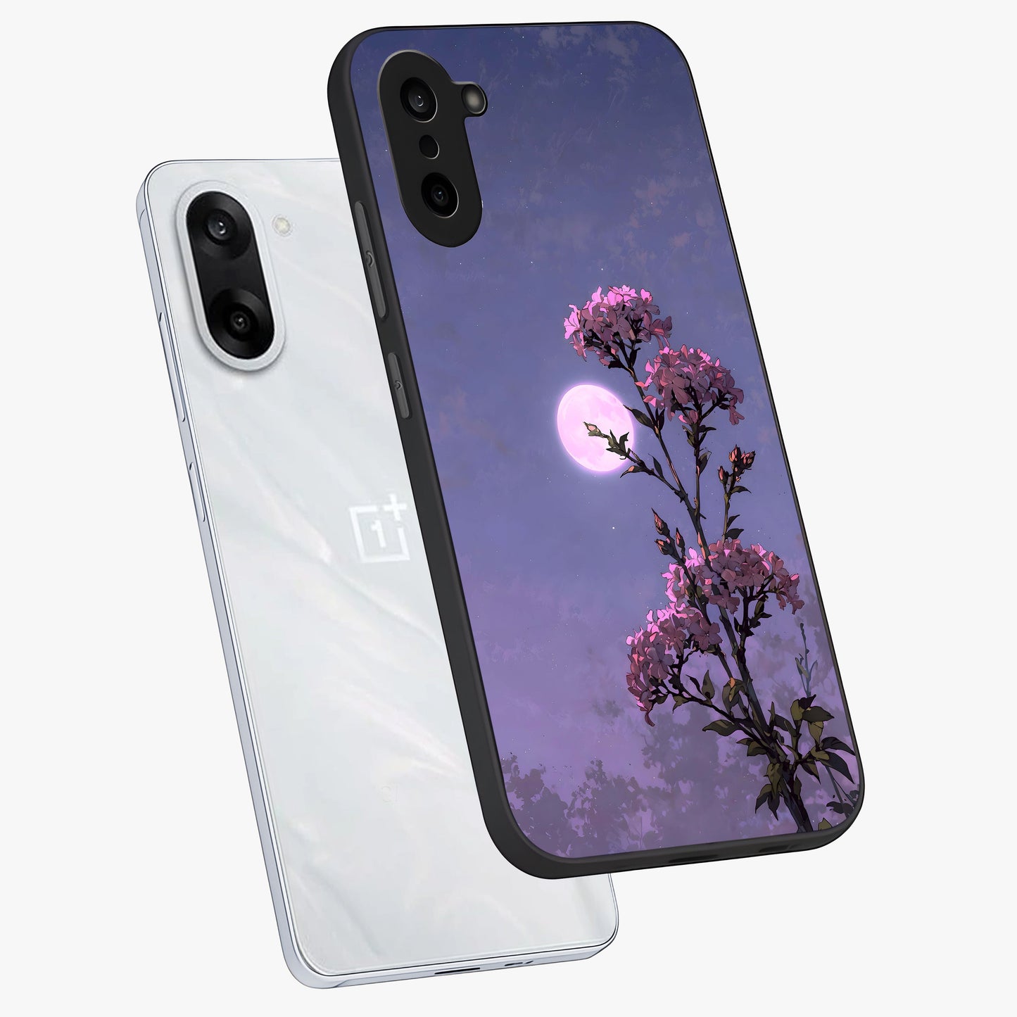 Moonlit Petal Night Glass Case for 1+Nord CE 5 angled mockup showcasing glossy finish and subtle moonlight detailing