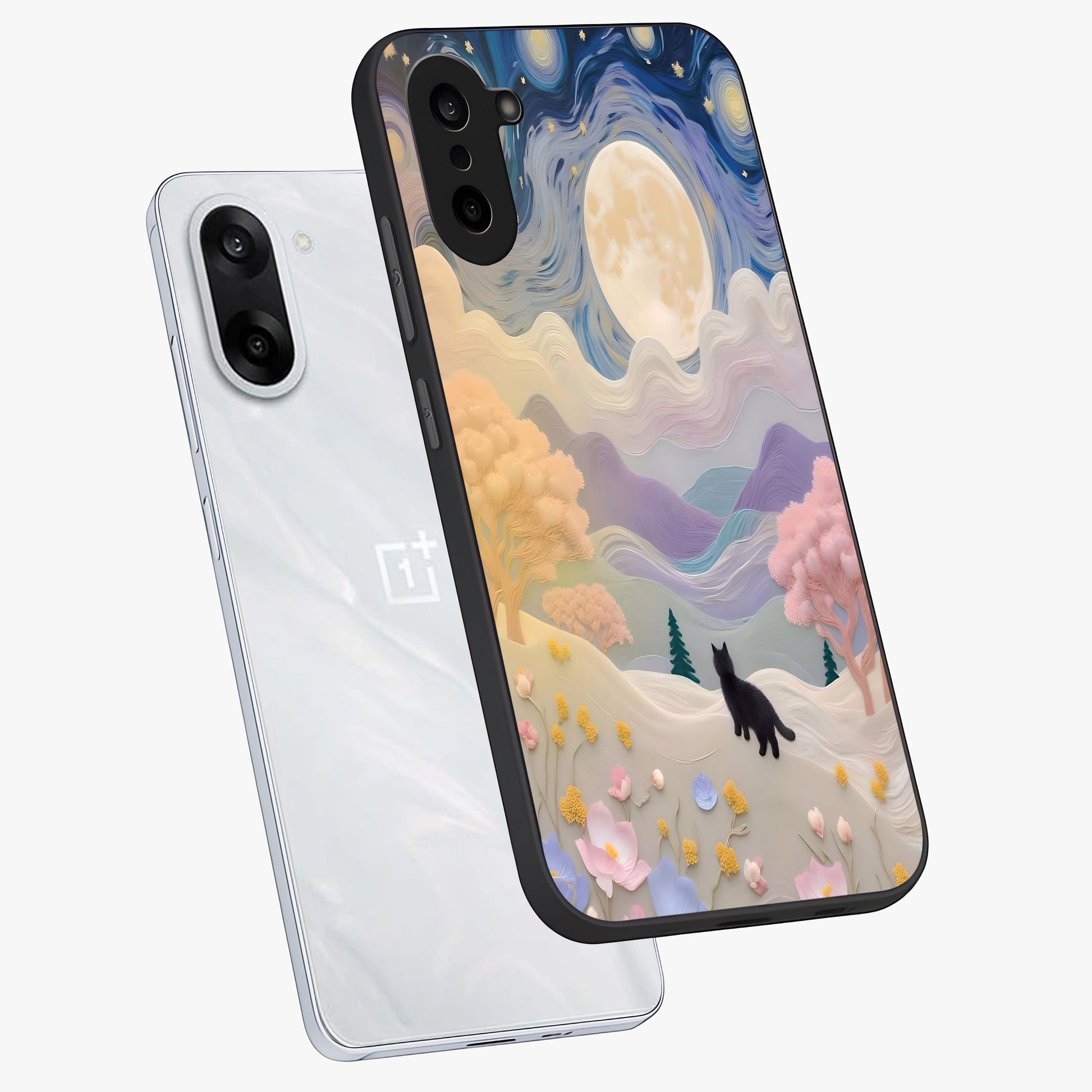 Moonlit Petal Path Glass Case for 1+Nord Ce 5 angled mockup showcasing glossy finish and dreamy gradient tones