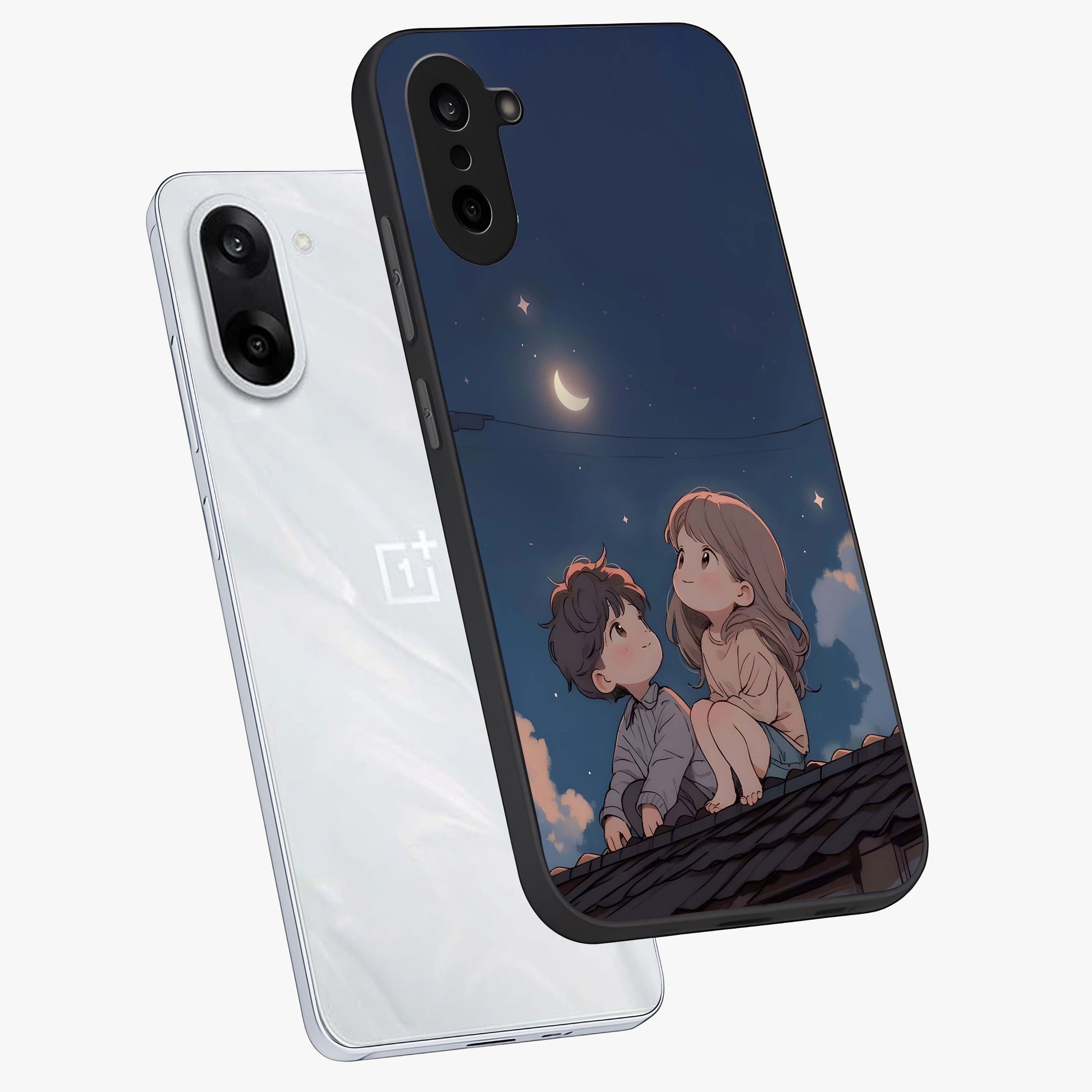 Moonlit Promise Together Glass Case for 1+Nord CE 5 angled mockup showcasing glossy finish and soft emotional detailing
