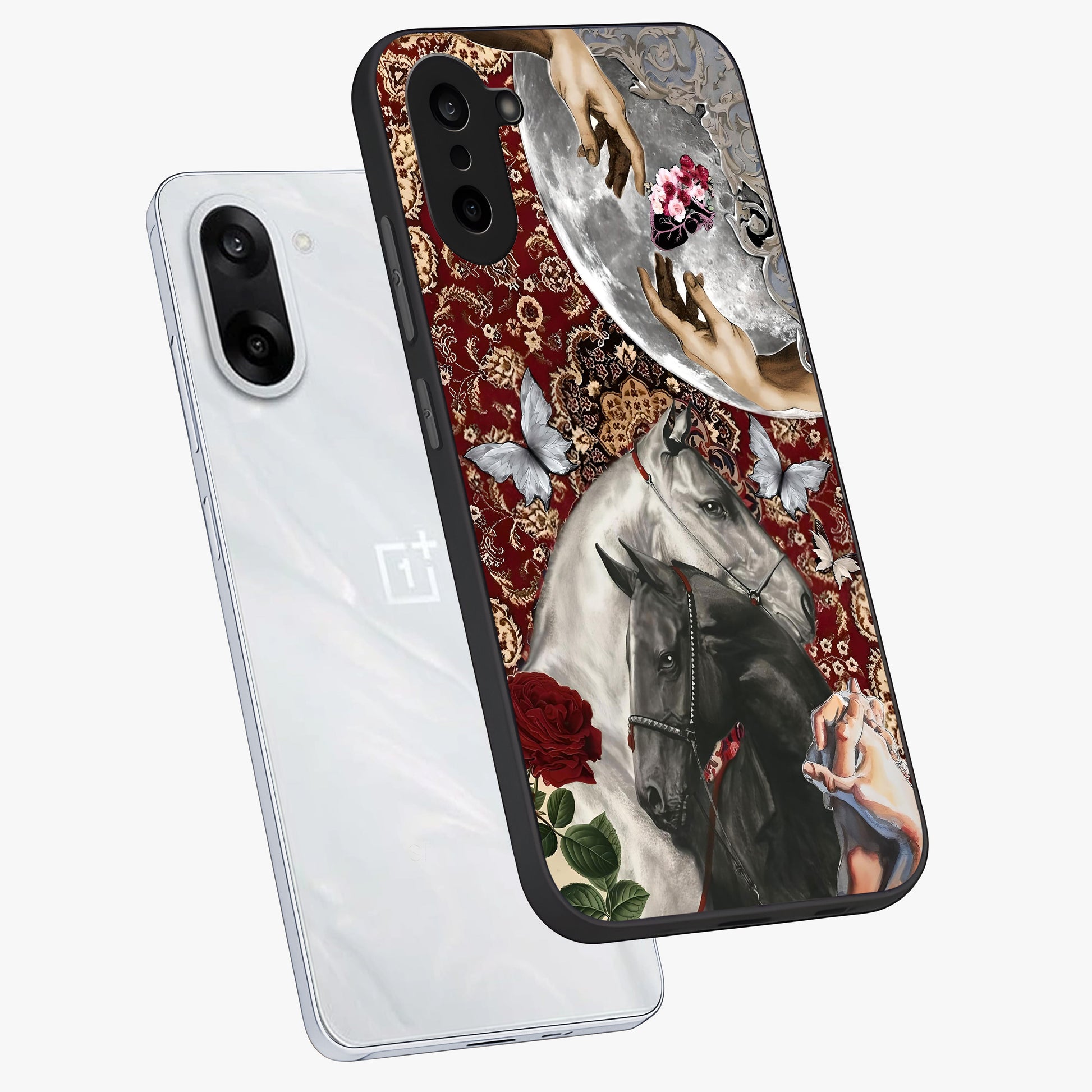 Moonlit Royal Stallion Glass Case for 1+Nord CE 5 angled mockup showcasing glossy finish and deep midnight tones