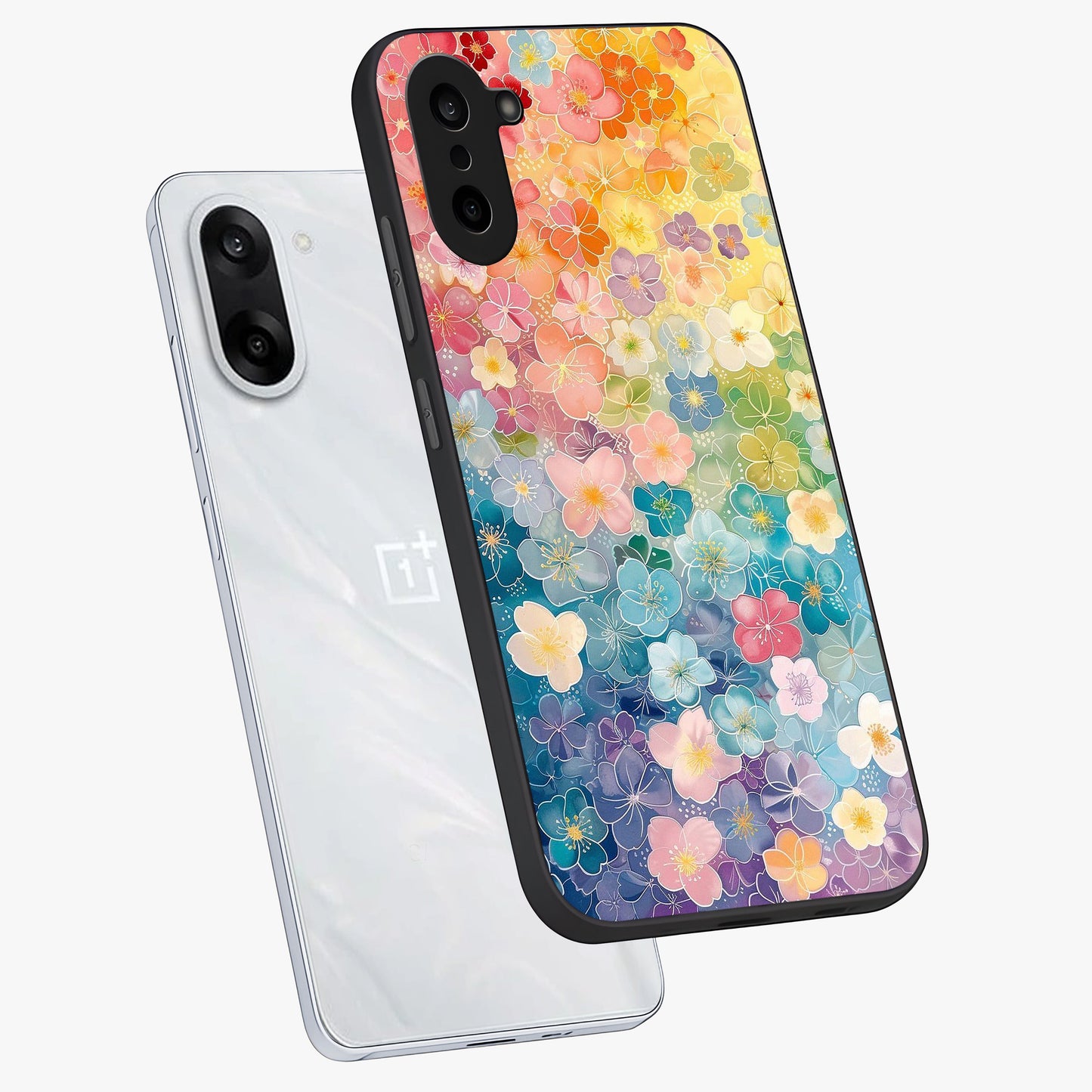 Multiple Background With Flower Glass Case for 1+Nord CE 5 angled mockup showcasing glossy glass finish and colorful detailing