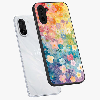 Multiple Background With Flower Glass Case for 1+Nord CE 5 angled mockup showcasing glossy glass finish and colorful detailing