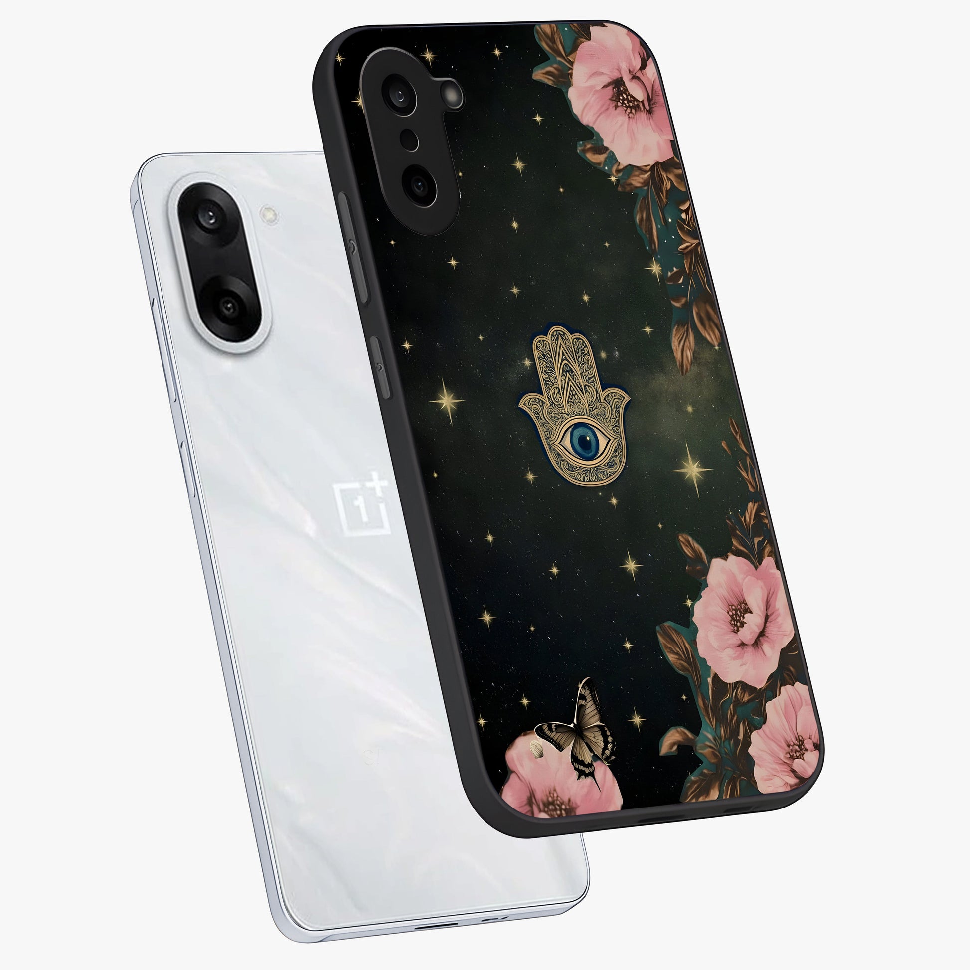 Mystic Bloom Protection Glass Case for 1+Nord CE 5 angled mockup showcasing glossy finish and vibrant spiritual tones