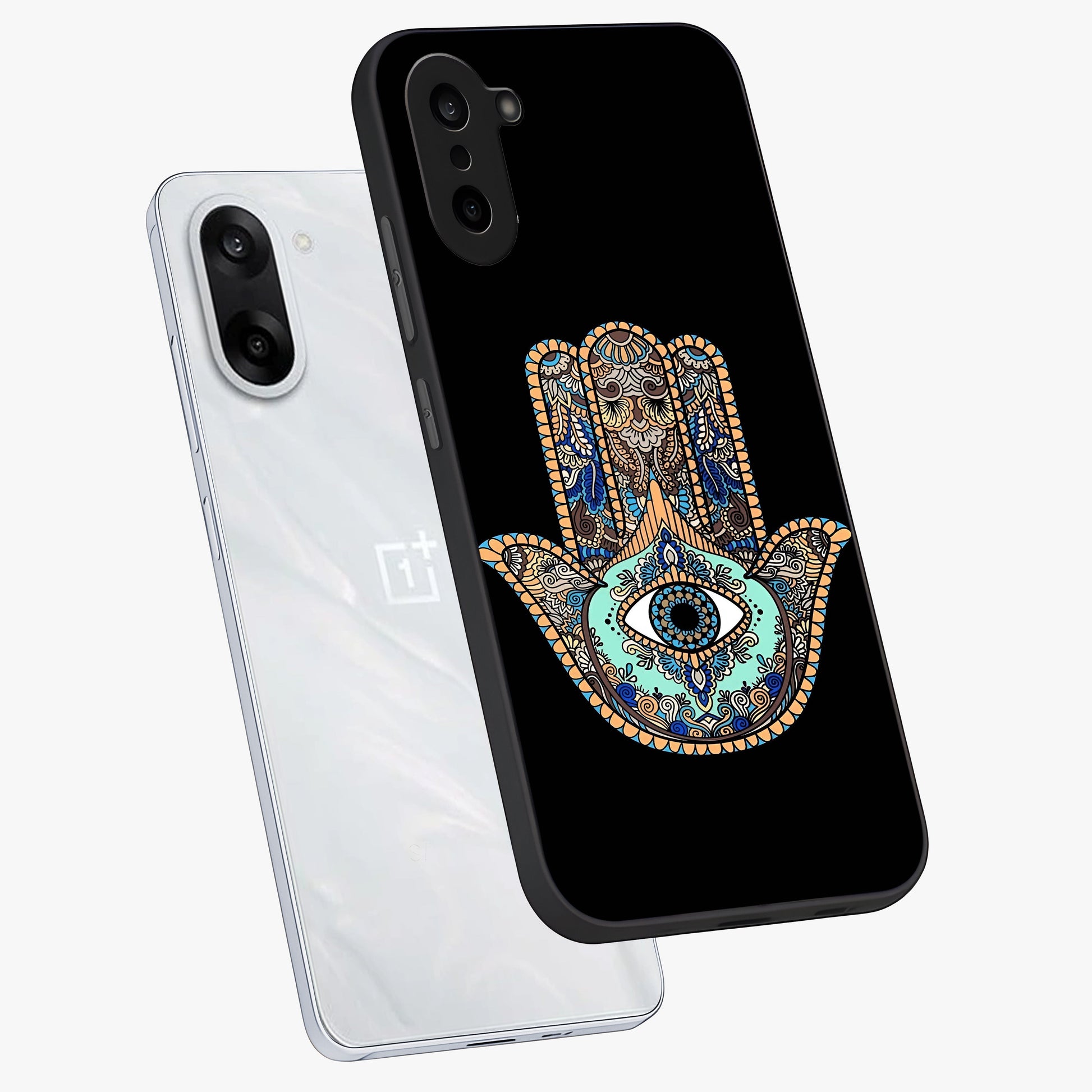 Mystic Hamsa Eye Glass Case for 1+Nord CE 5 angled mockup showcasing glossy finish and protective design elements