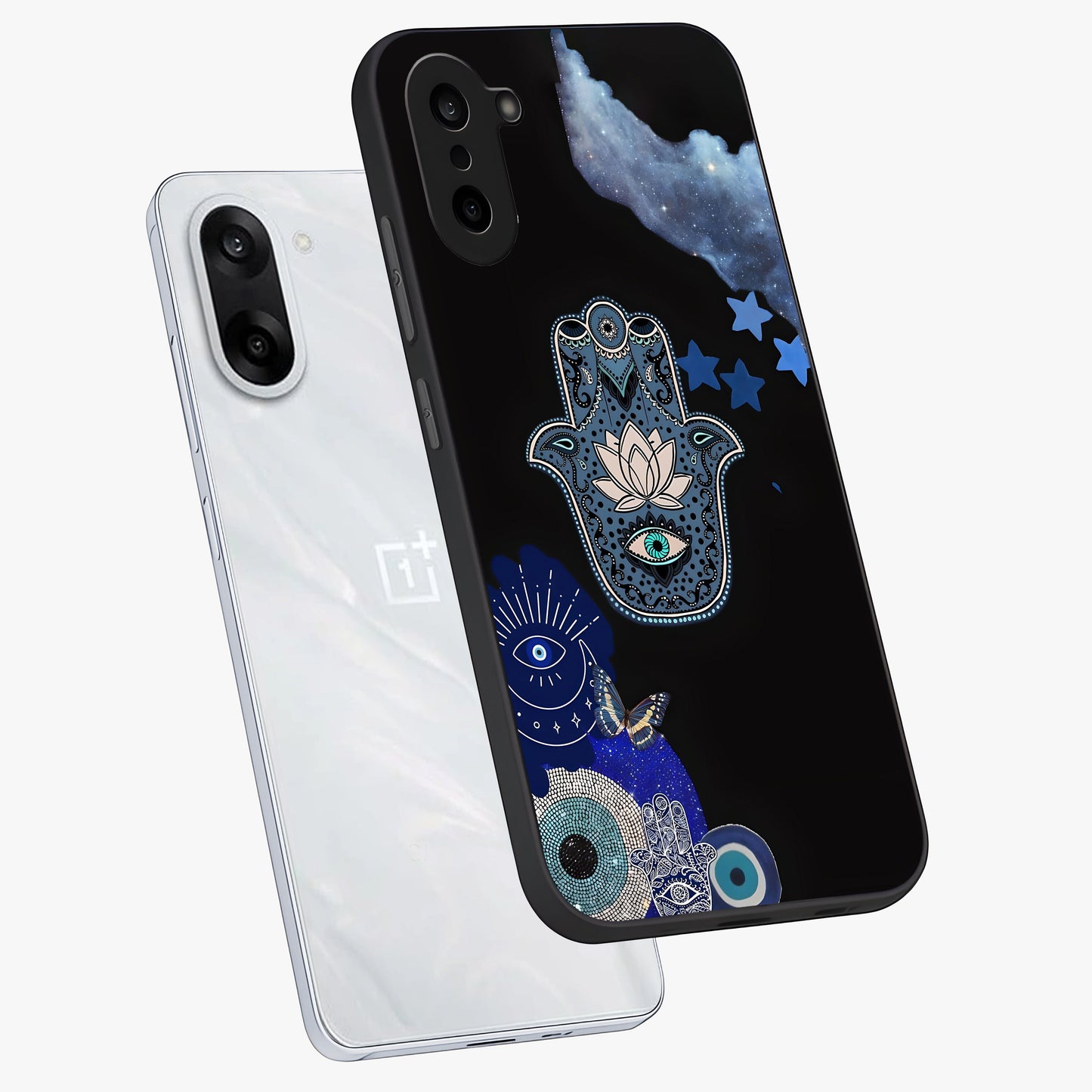 Mystic Hand Aura Glass Case for 1+Nord CE 5 angled mockup showcasing glossy finish and radiant mystical detailing