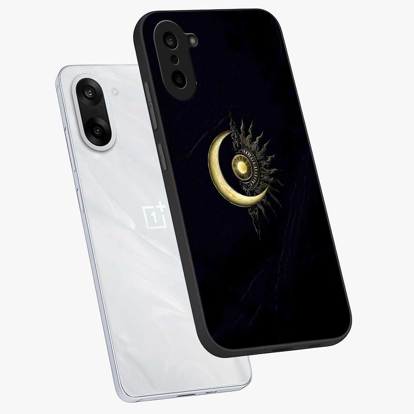 Mystic Lunar Flame Glass Case for 1+Nord CE 5 angled mockup showcasing glossy finish and glowing night tones