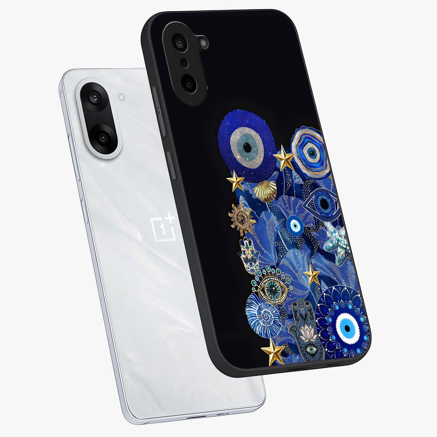 Mystic Ocean Eye Glass Case for 1+Nord CE 5 angled mockup showcasing glossy finish and fluid wave detailing