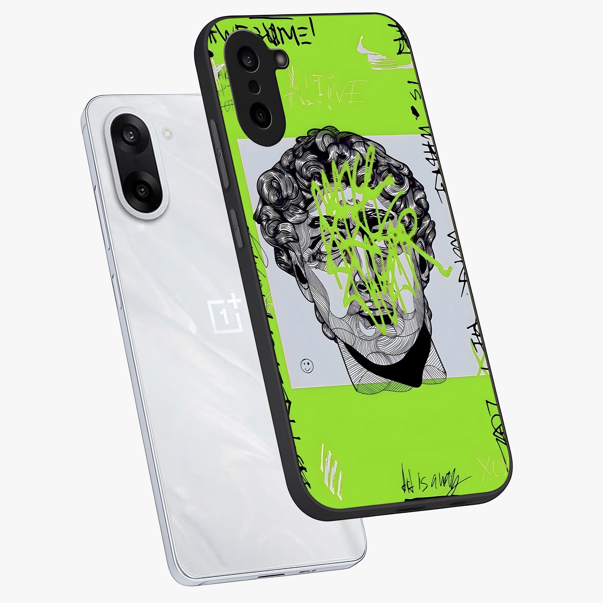 Neo Graffiti Rebellion Glass Case for 1+Nord Ce 5 angled mockup showcasing glossy finish and urban neon detailing