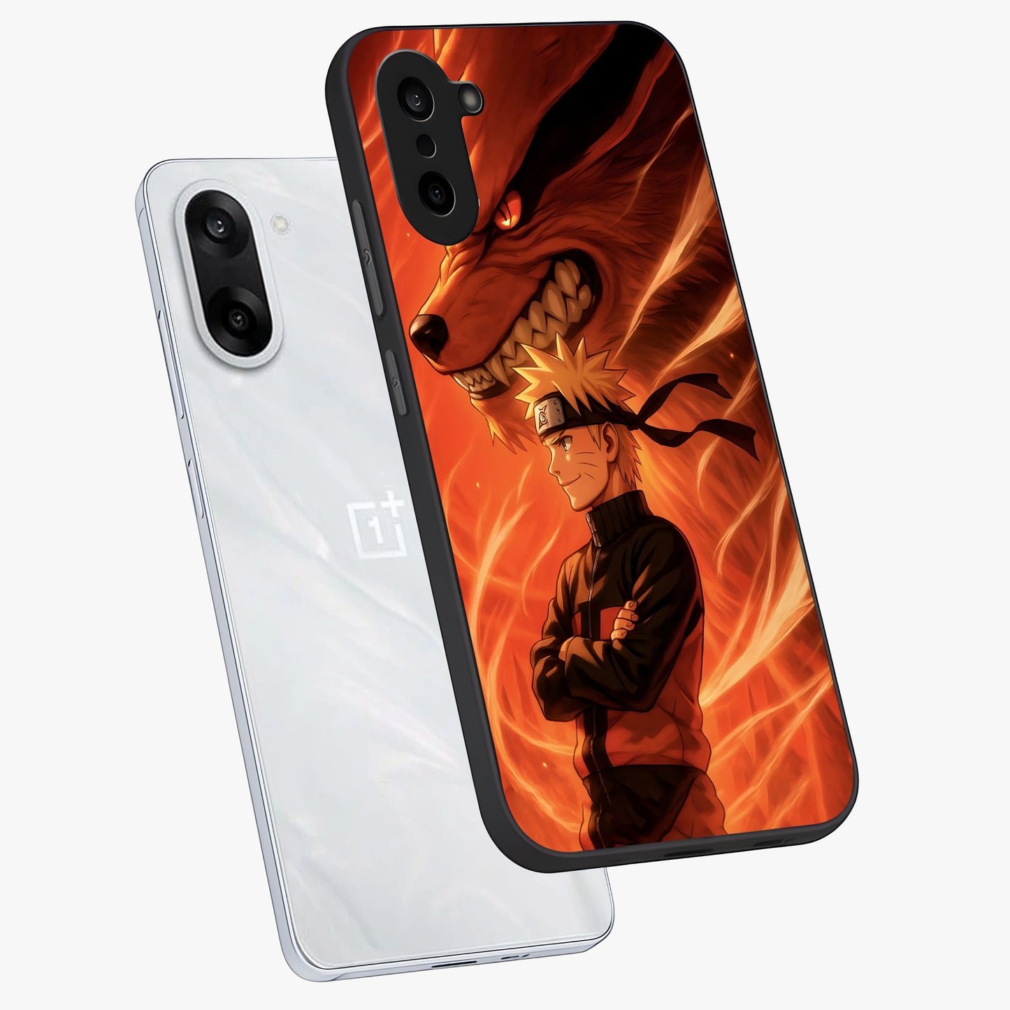 Nine Tails Legacy Glass Case for 1+Nord CE 5 angled mockup showcasing glossy finish and dramatic fiery tones