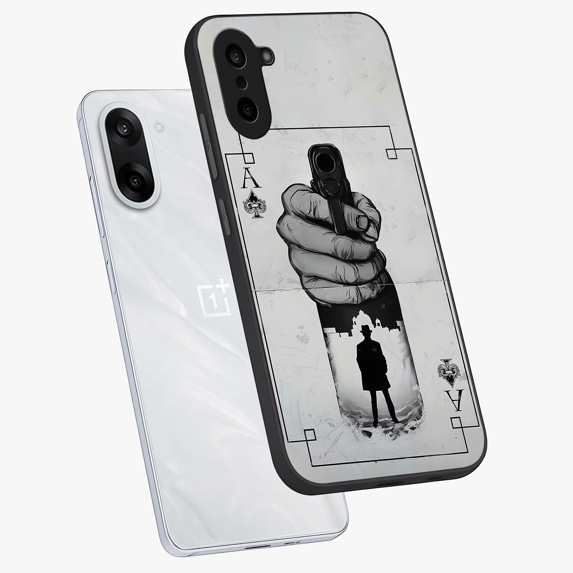 Noir Trigger Fate Glass Case for 1+Nord CE 5 angled mockup showcasing glossy finish and intense shadow detailing