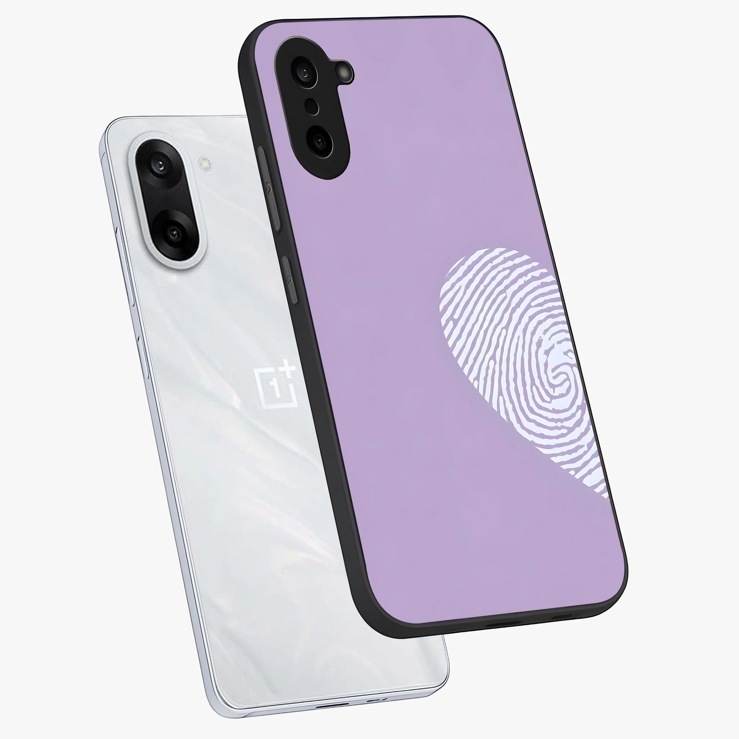 One Heart Identity Glass Case for 1+Nord CE 5 angled mockup showcasing glossy finish and bold minimalist tones
