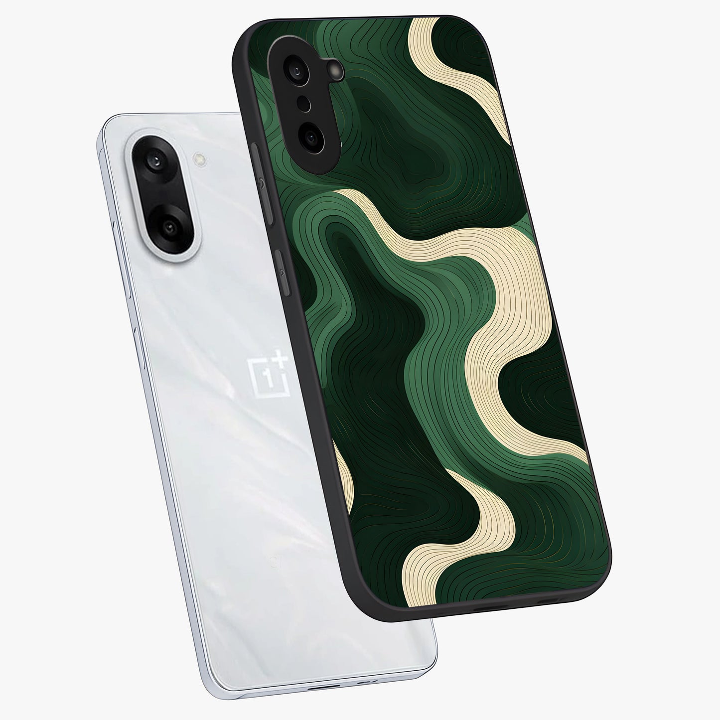 Organic Swirl Design Glass Case for 1+Nord CE 5 angled mockup showcasing glossy finish and smooth gradient tones