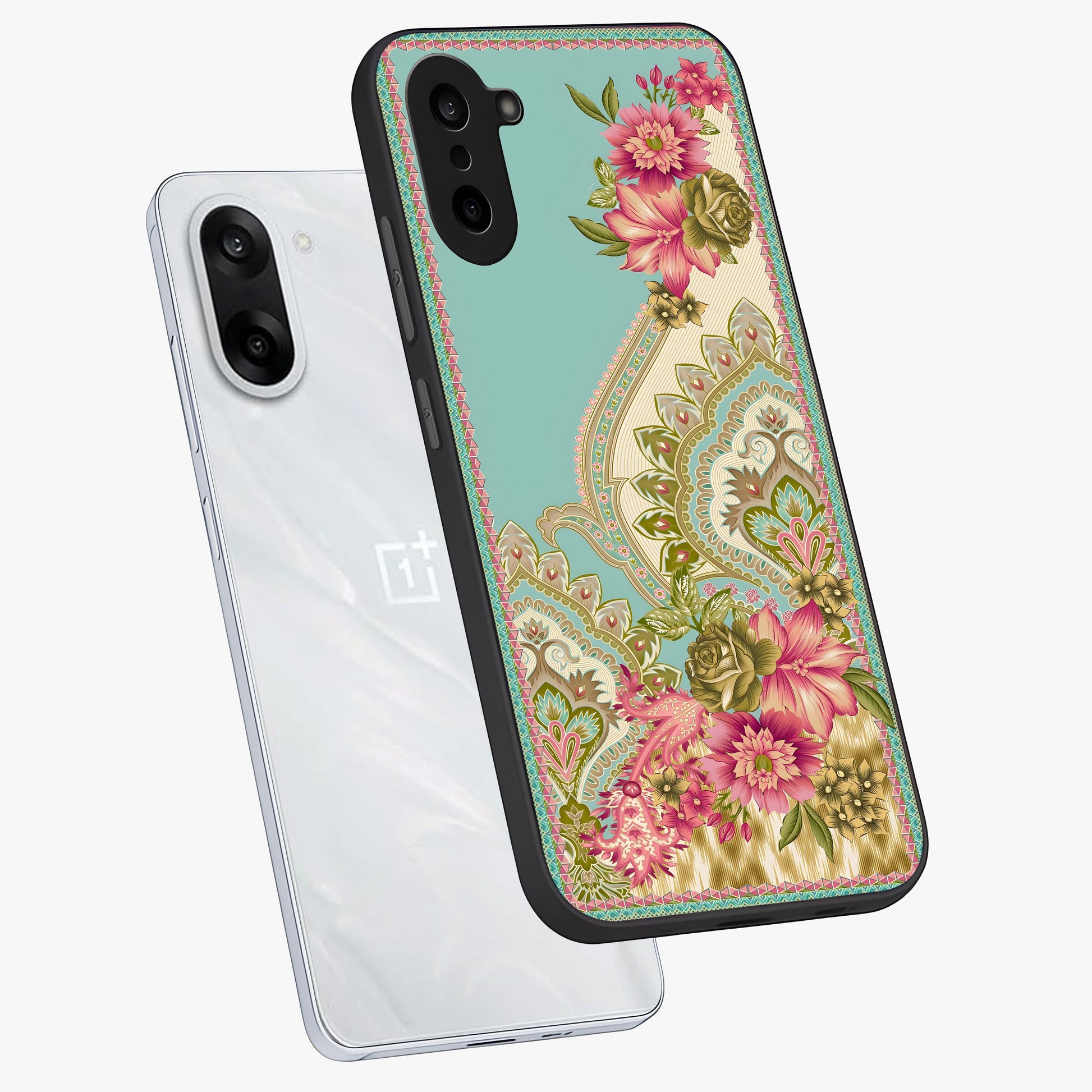 Ornate Mughal Floral Pattern Glass Case for 1+Nord CE 5 angled mockup showcasing glossy finish and rich heritage detailing