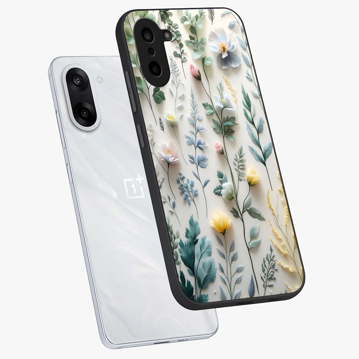 Pastel Garden Whispers Glass Case for 1+Nord CE 5 angled mockup showcasing glossy finish and gentle bloom tones