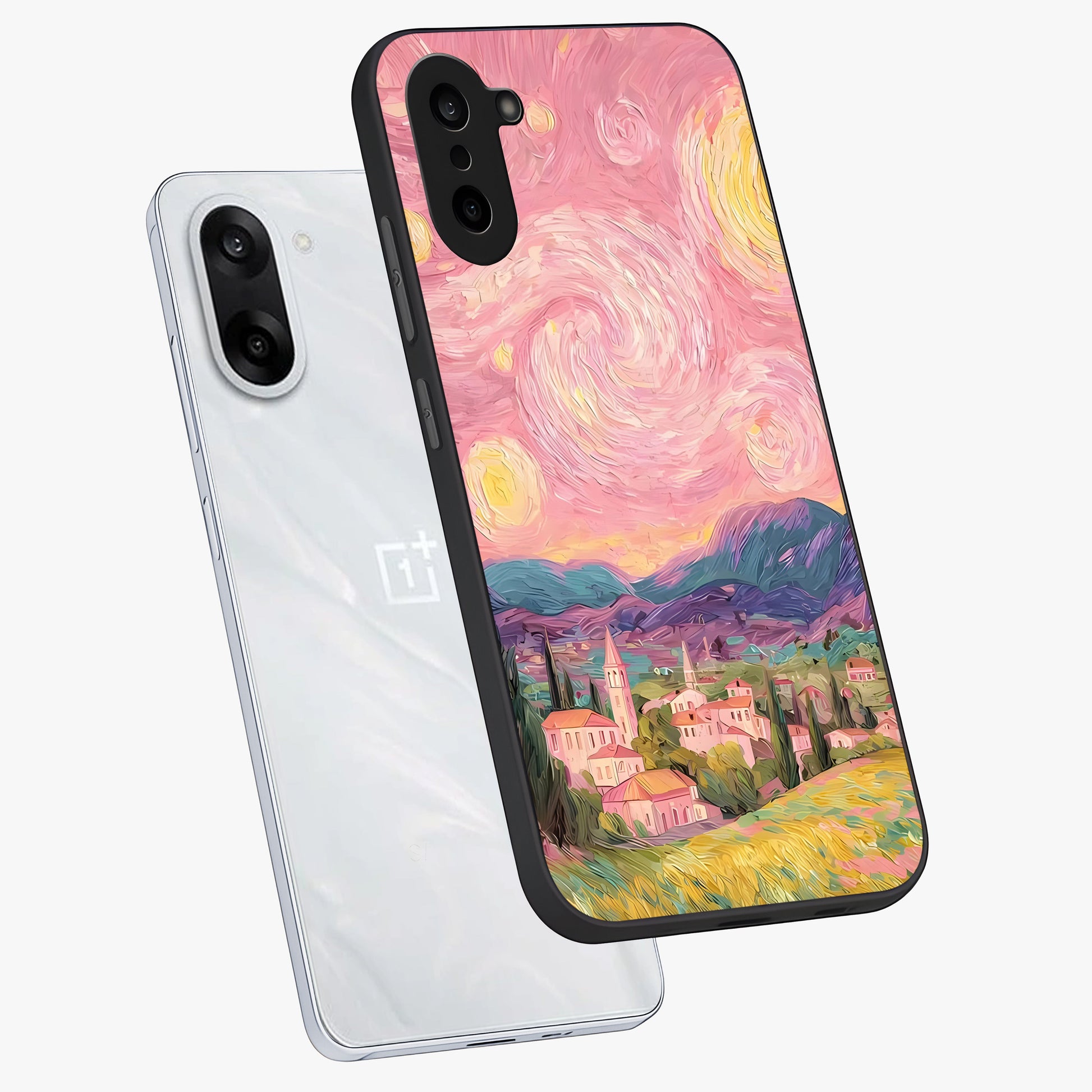 Pastel Starry Village Glass Case for 1+Nord CE 5 angled mockup showcasing glossy finish and soft celestial tones