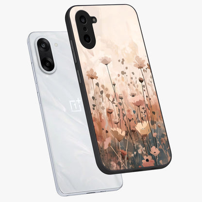 Pastel Wildflowers Glass Case for 1+Nord CE 5 angled mockup showcasing glossy finish and fresh floral detailing