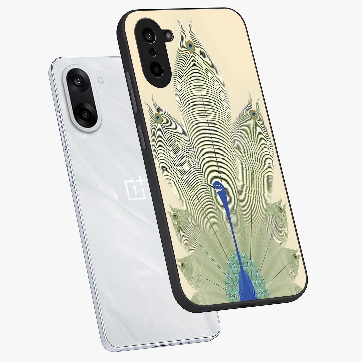 Peacock Feather Grace Glass Case for 1+Nord CE 5 angled mockup showcasing glossy glass finish and vibrant feather tones