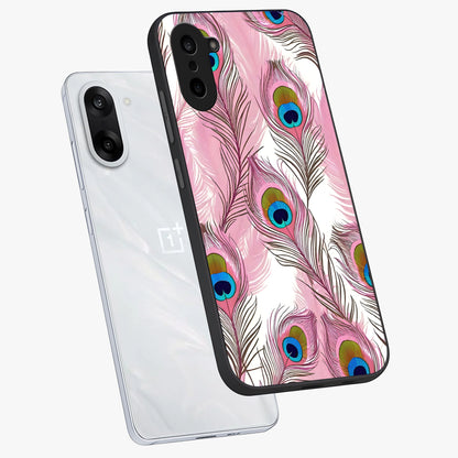 Peacock Feathers Floating Glass Case for 1+Nord CE 5 angled mockup showcasing glossy finish and graceful detailing