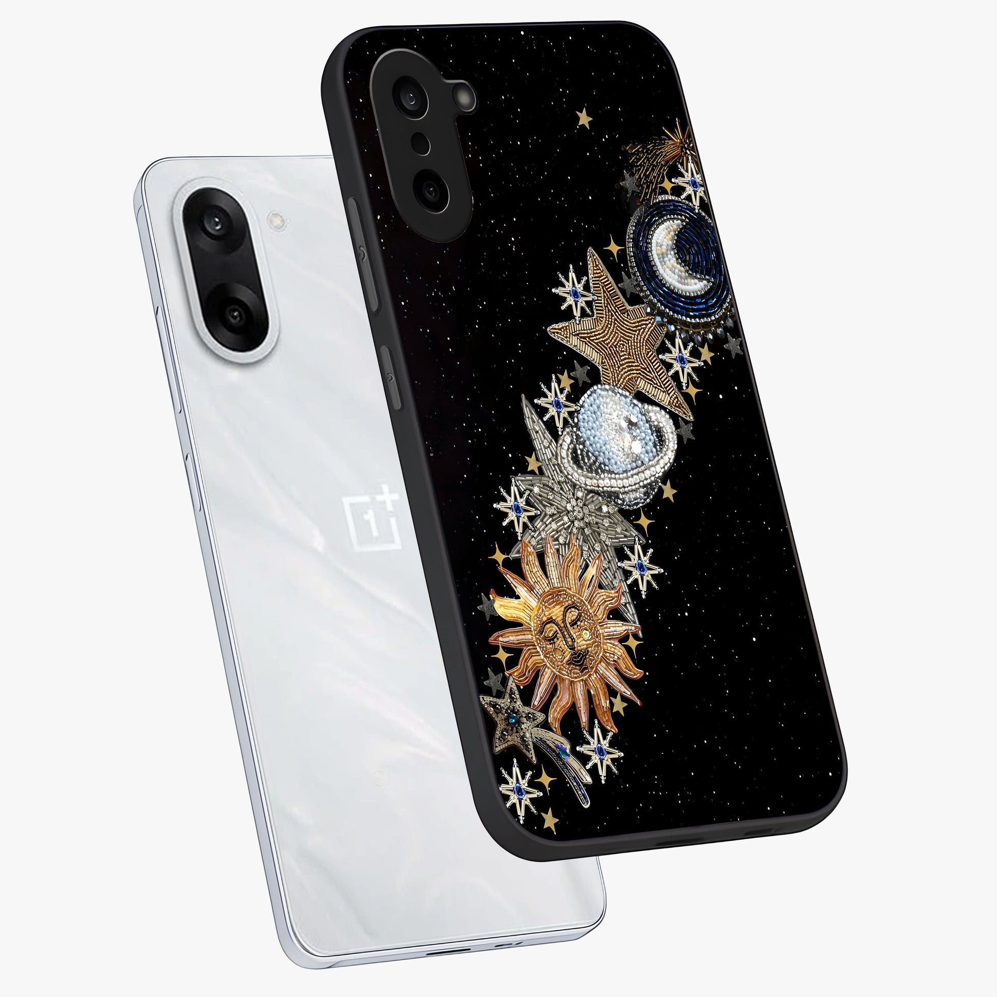 Pearls Universe Object Glass Case for 1+Nord CE 5 angled mockup showcasing glossy finish and luminous celestial tones