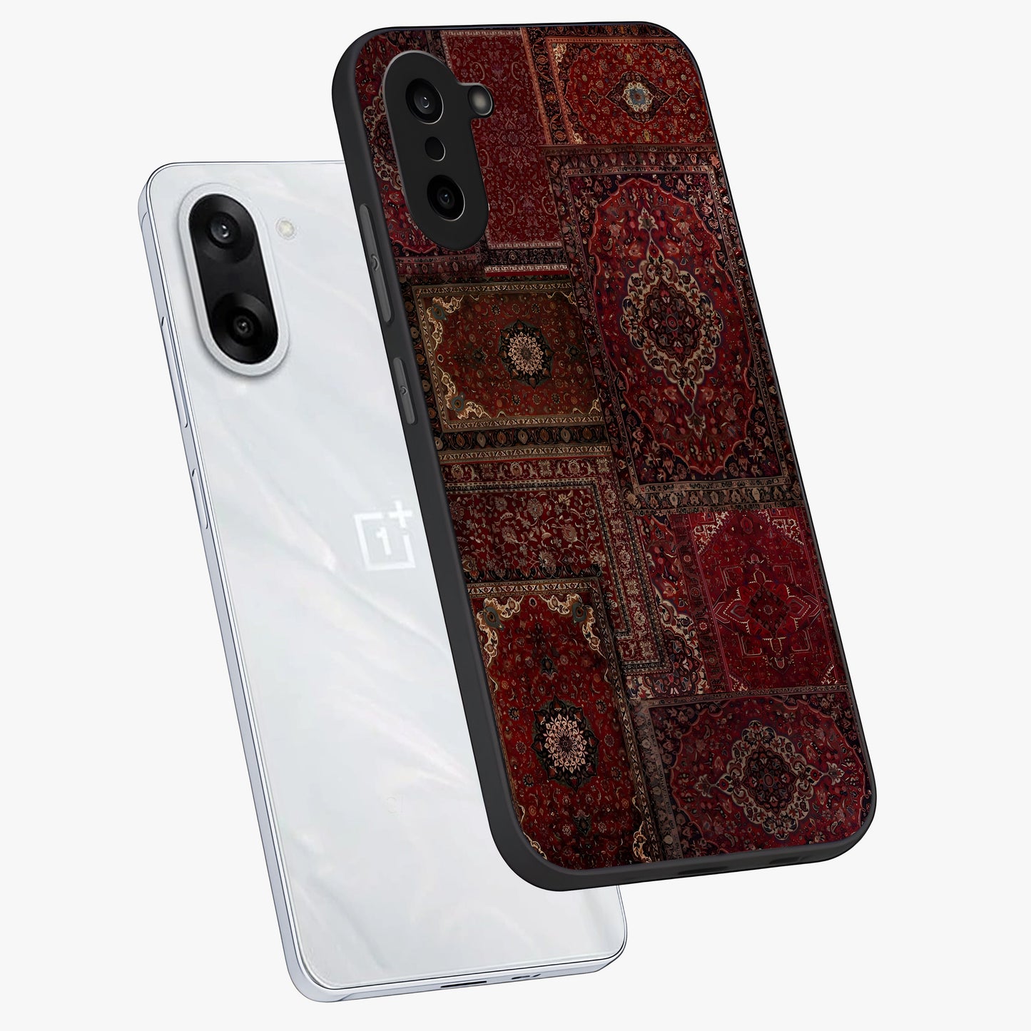 Persian Velvet Tale Glass Case for 1+Nord CE 5 angled mockup showcasing glossy finish and rich deep tones