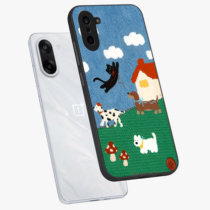 Pet Adventures Glass Case for 1+Nord CE 5 angled mockup showcasing glossy finish and vibrant cartoon tones