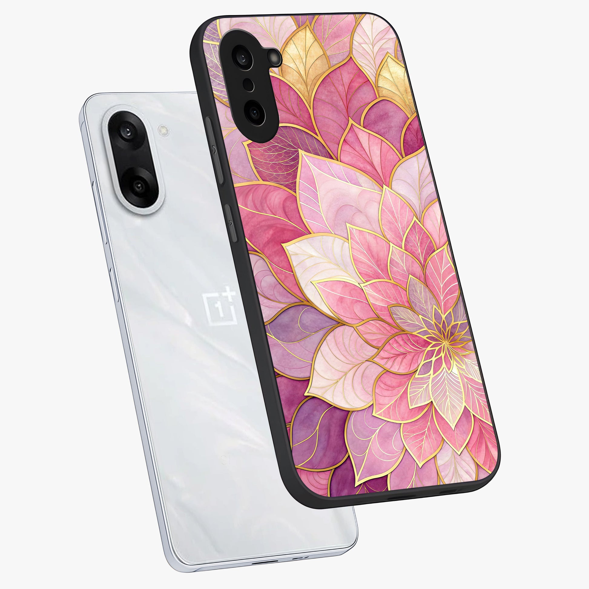 Petal Luxe Bloom Glass Case for 1+Nord Ce 5 angled mockup showcasing glossy finish and vibrant bloom accents