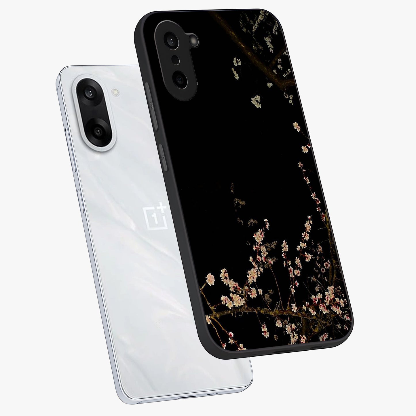 Petal Moon Light With Custom Name Glass Case for 1+Nord CE 5 angled mockup showcasing glossy finish and soft luminous tones