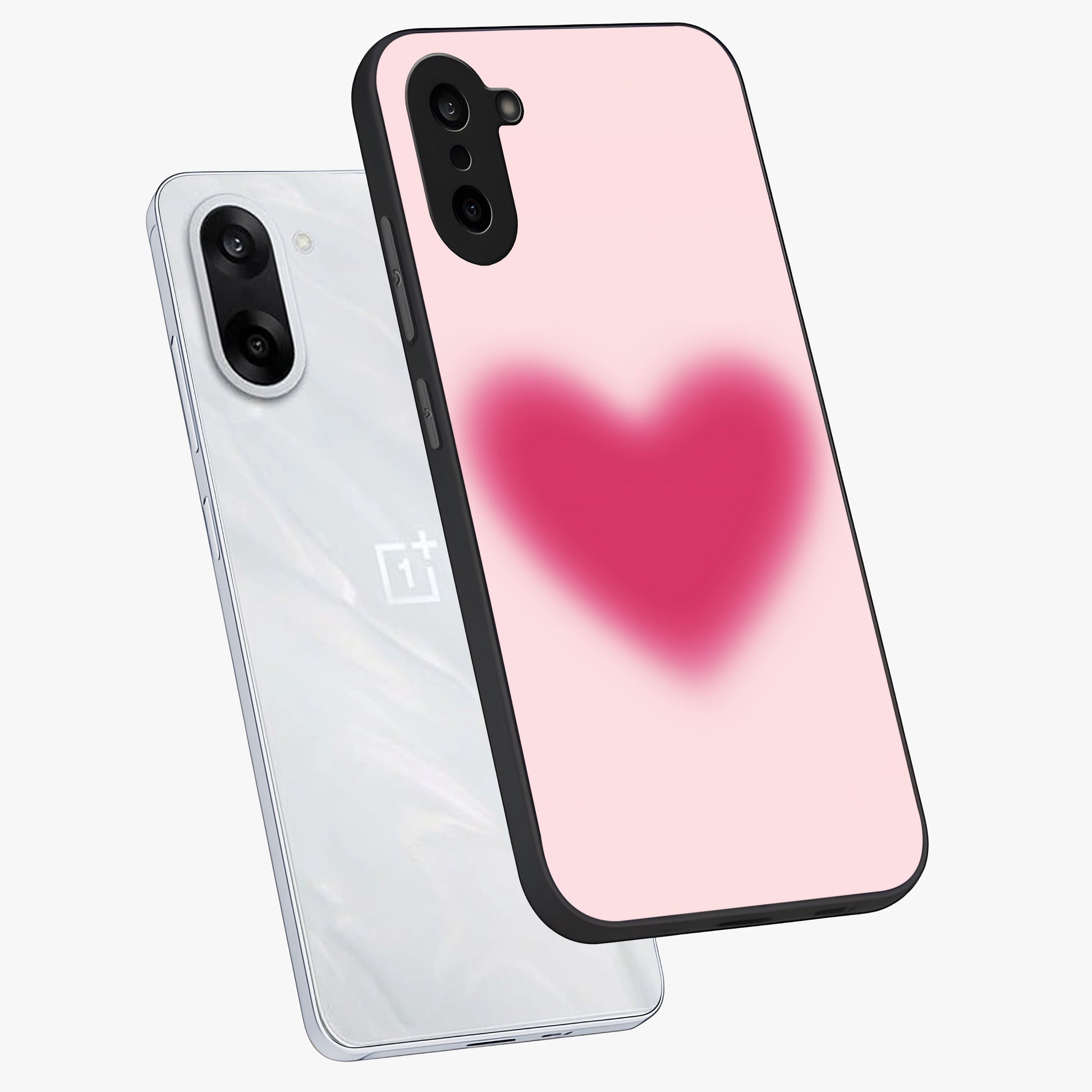 Pink Aura Heart Glass Case for 1+Nord CE 5 angled mockup showcasing glossy glass finish and radiant aura detailing