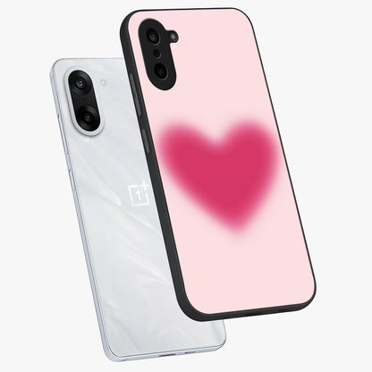 Pink Aura Heart Glass Case for 1+Nord CE 5 angled mockup showcasing glossy glass finish and radiant aura detailing