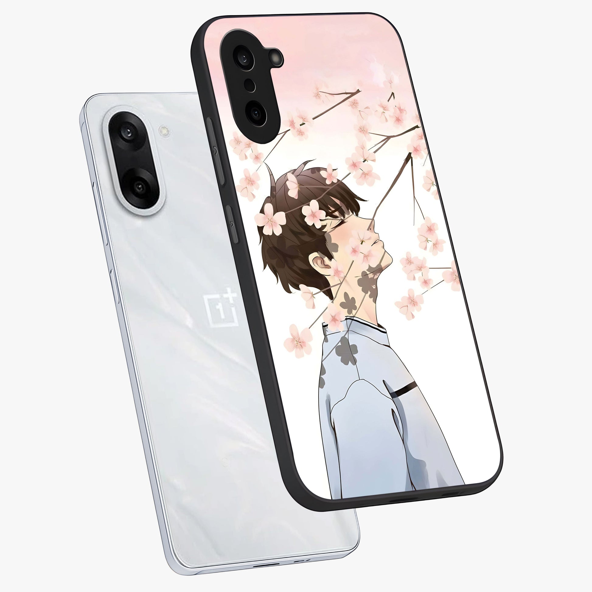 Pink Blossom Boy Glass Case for 1+Nord CE 5 angled mockup showcasing glossy finish and soft bloom tones