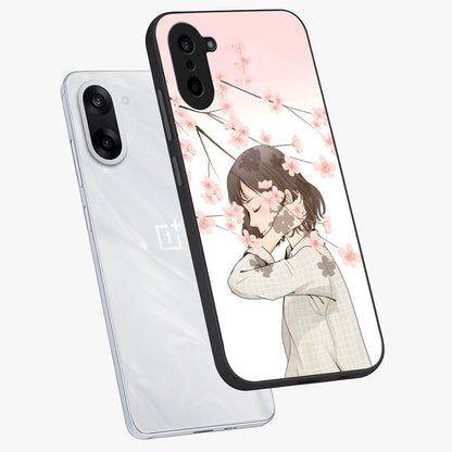 Pink Blossom Girl Glass Case for 1+Nord CE 5 angled mockup showcasing glossy finish and pastel floral detailing
