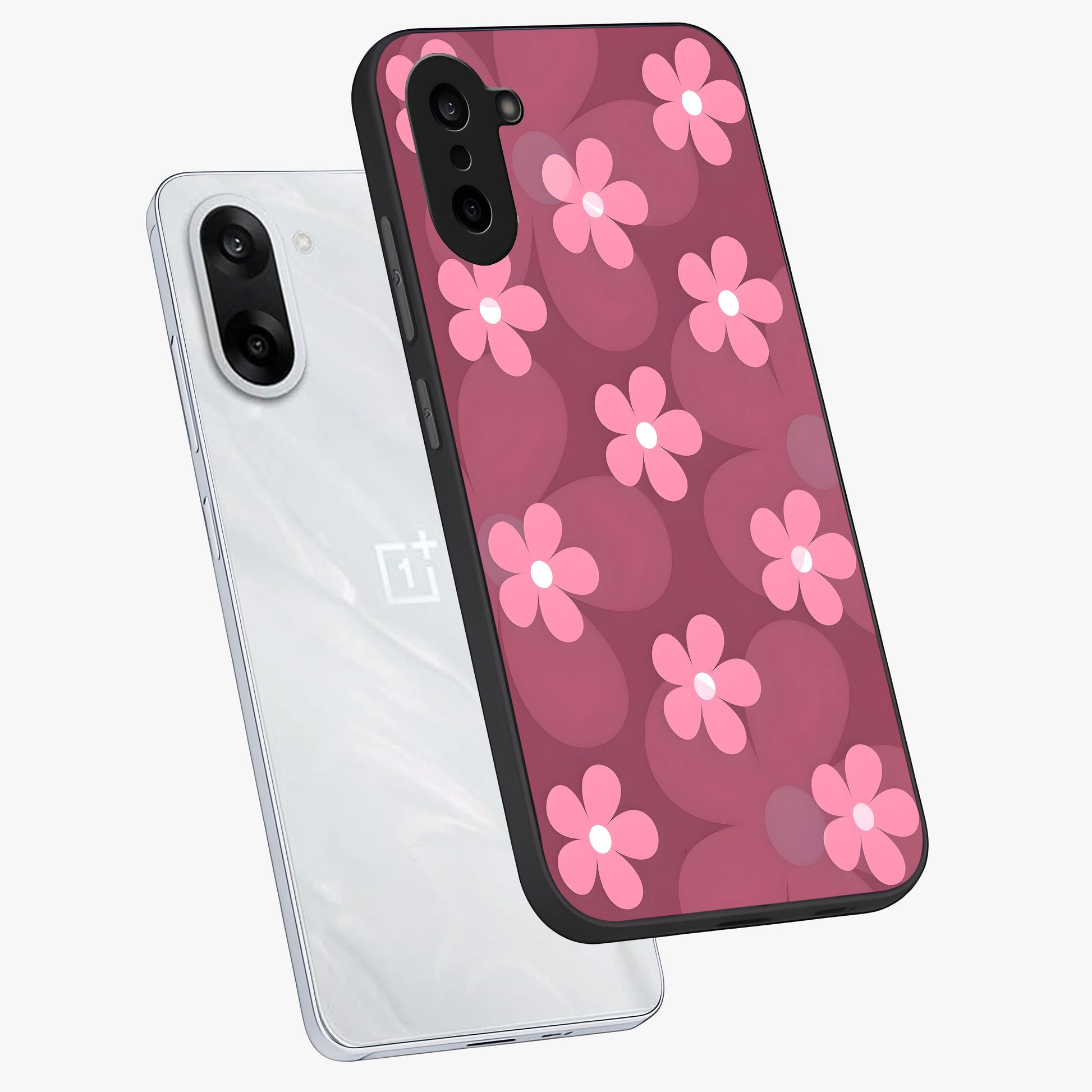 Pink Daisy Flower Pattern Glass Case for 1+Nord Ce 5 angled mockup showcasing glossy finish and playful bloom detailing