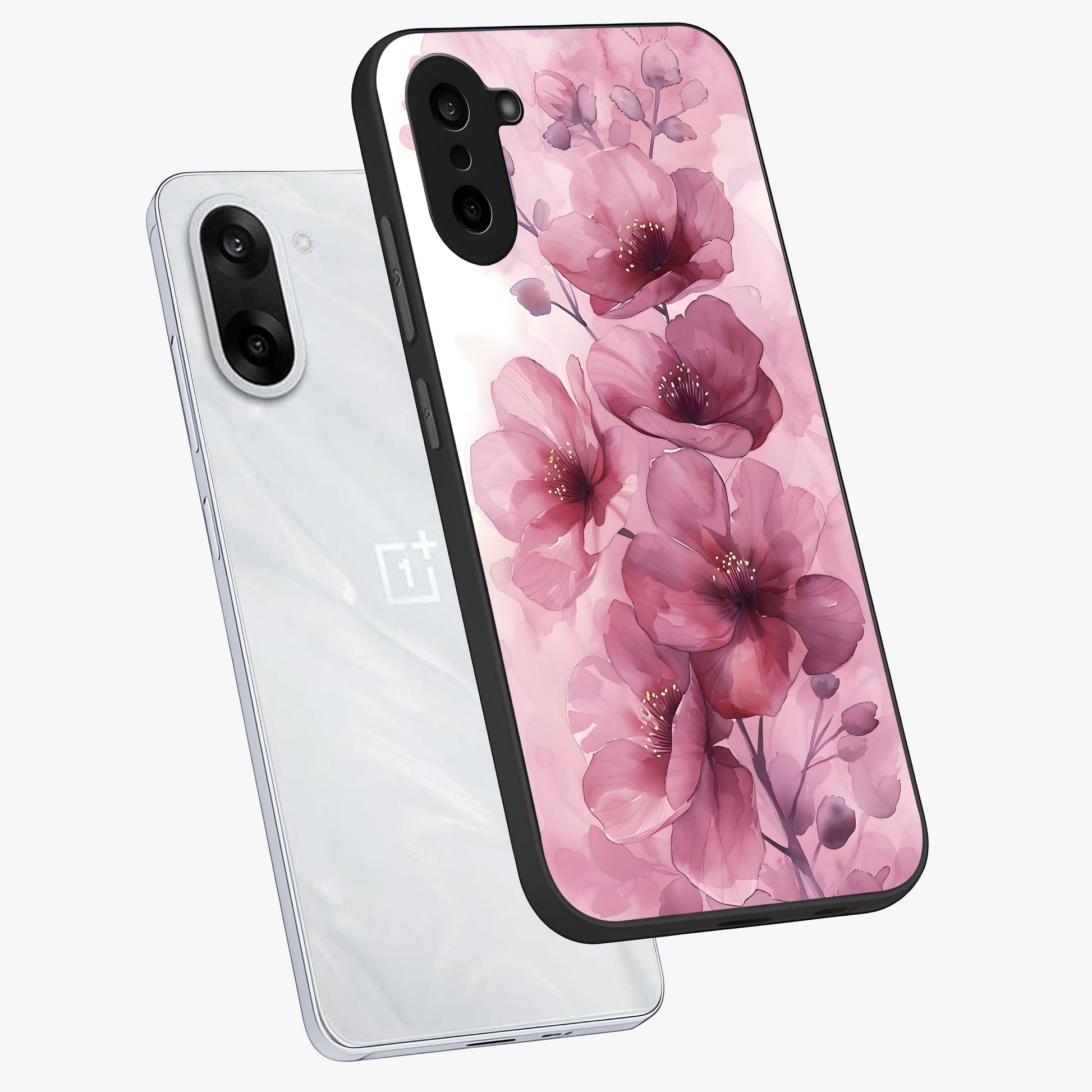 Pink Floral Glass Case for 1+Nord CE 5 angled mockup showcasing glossy finish and delicate bloom detailing