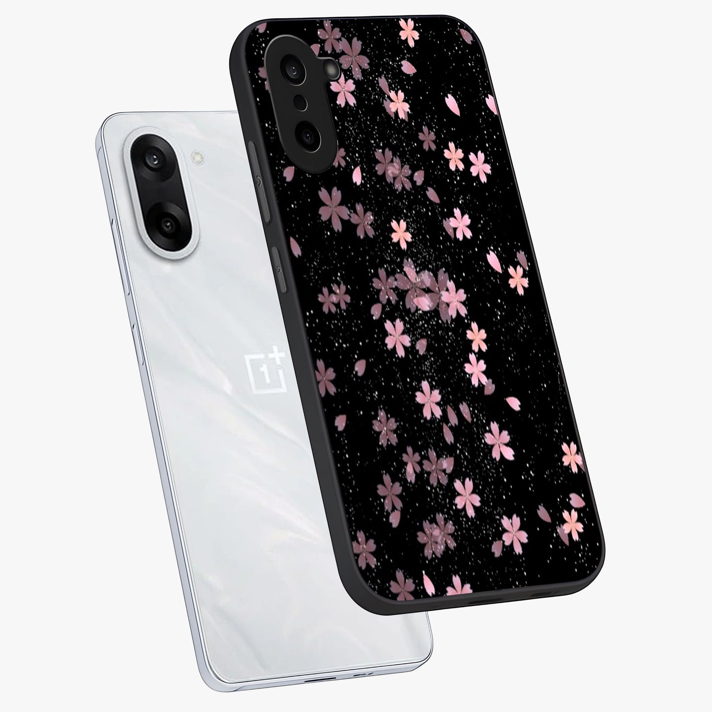 Pink Flower Black Background Glass Case for 1+Nord CE 5 angled mockup showcasing glossy finish and bold contrast tones