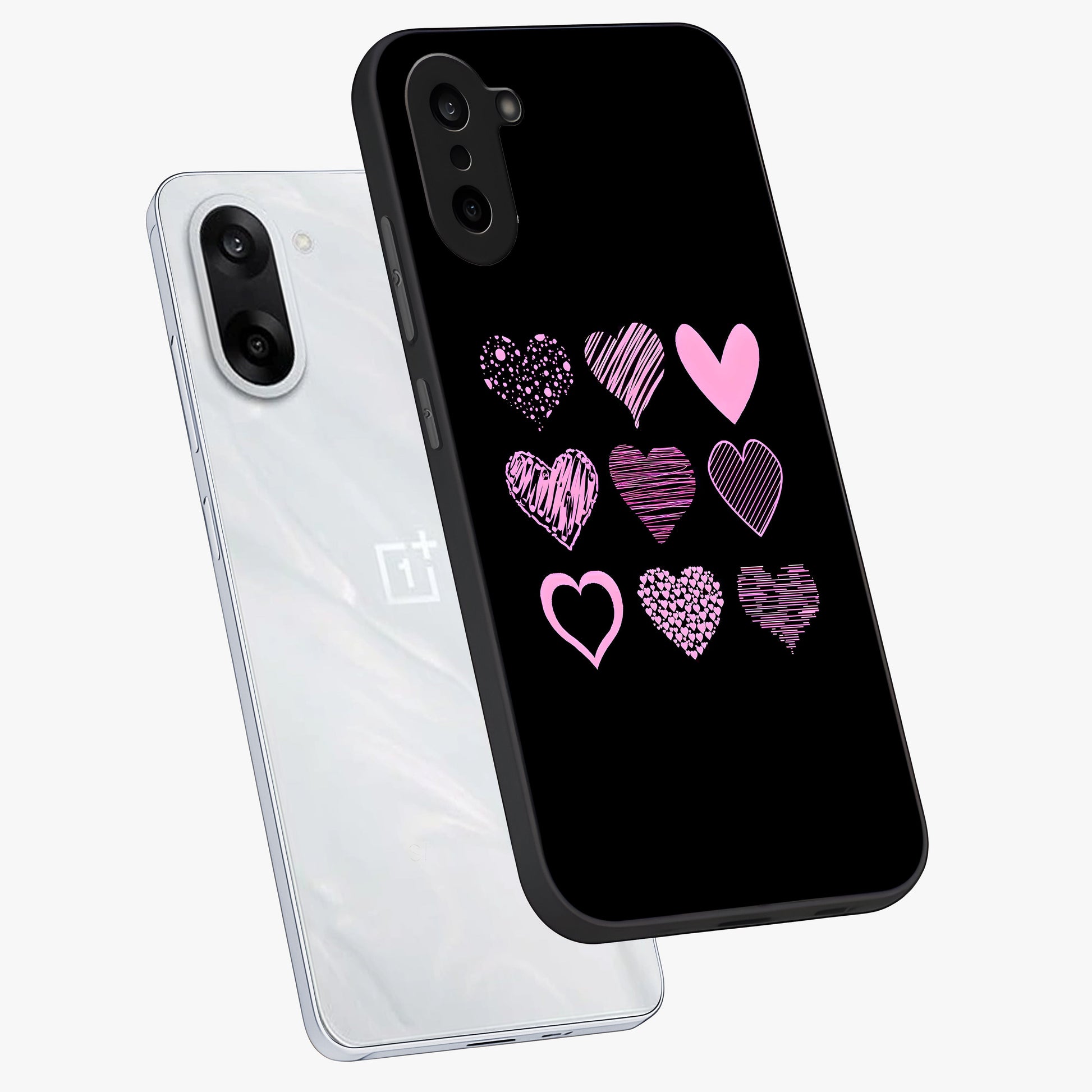 Pink Heart Aesthetic Glass Case for 1+Nord CE 5 angled mockup showcasing glossy finish and pastel romantic detailing