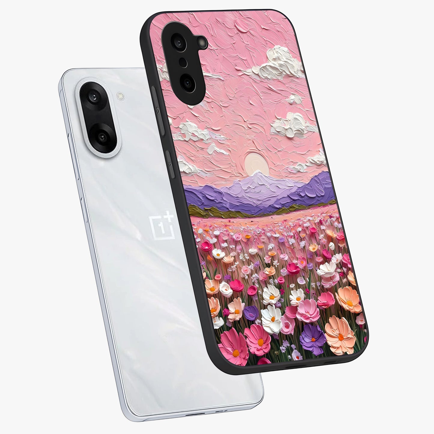 Pink Pastel Groovy Art Glass Case for 1+Nord CE 5 angled mockup showcasing glossy finish and vibrant abstract detailing