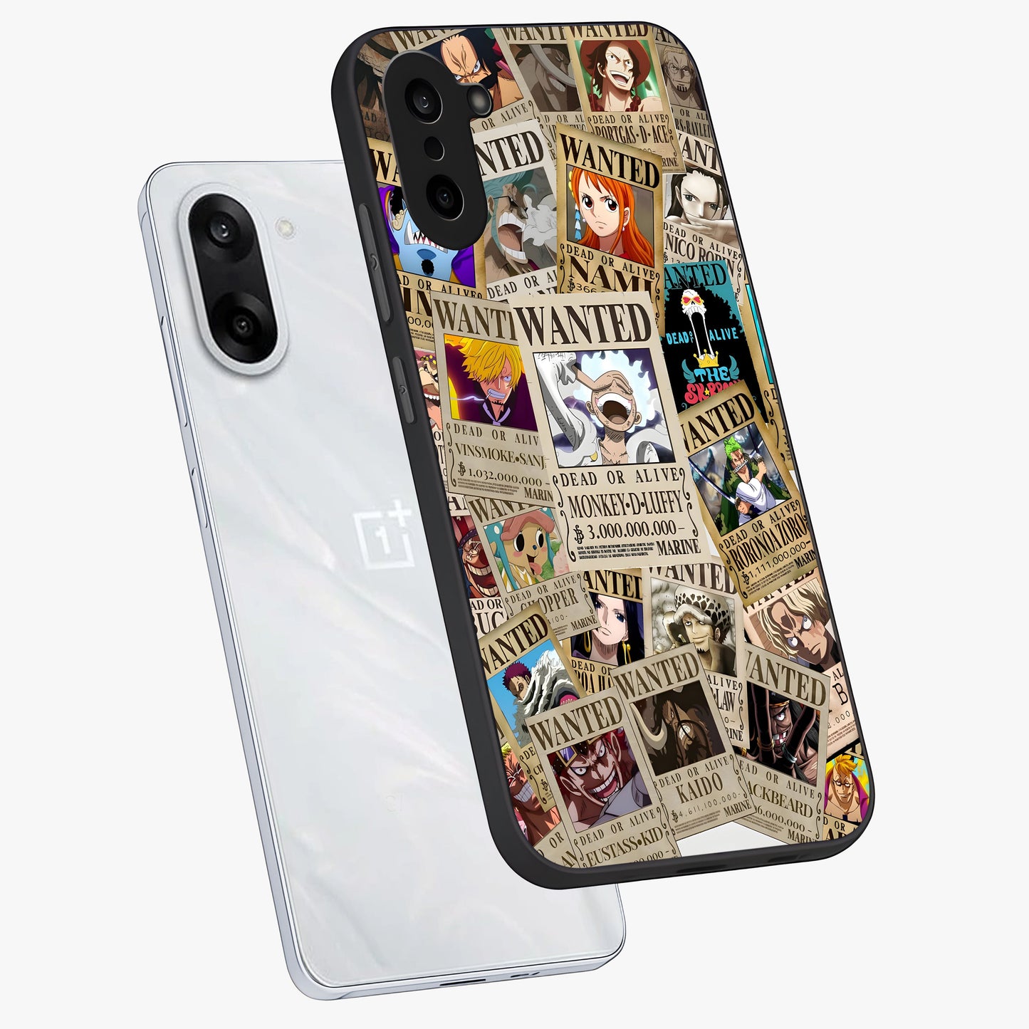 Pirate Wanted Legends Glass Case for 1+Nord CE 5 angled mockup showcasing glossy glass finish and dramatic vintage tones