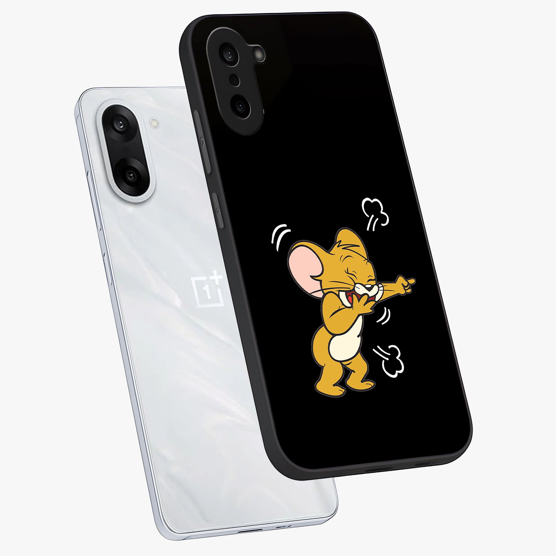 Playful Jerry Vibes Glass Case for 1+Nord CE 5 angled mockup showcasing glossy finish and vibrant character detailing
