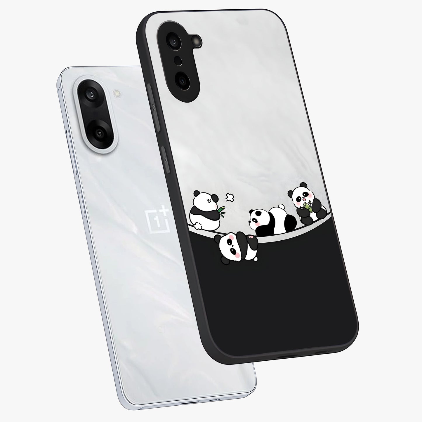Playful Panda Parade Glass Case for 1+Nord CE 5 angled mockup showcasing glossy finish and soft pastel tones